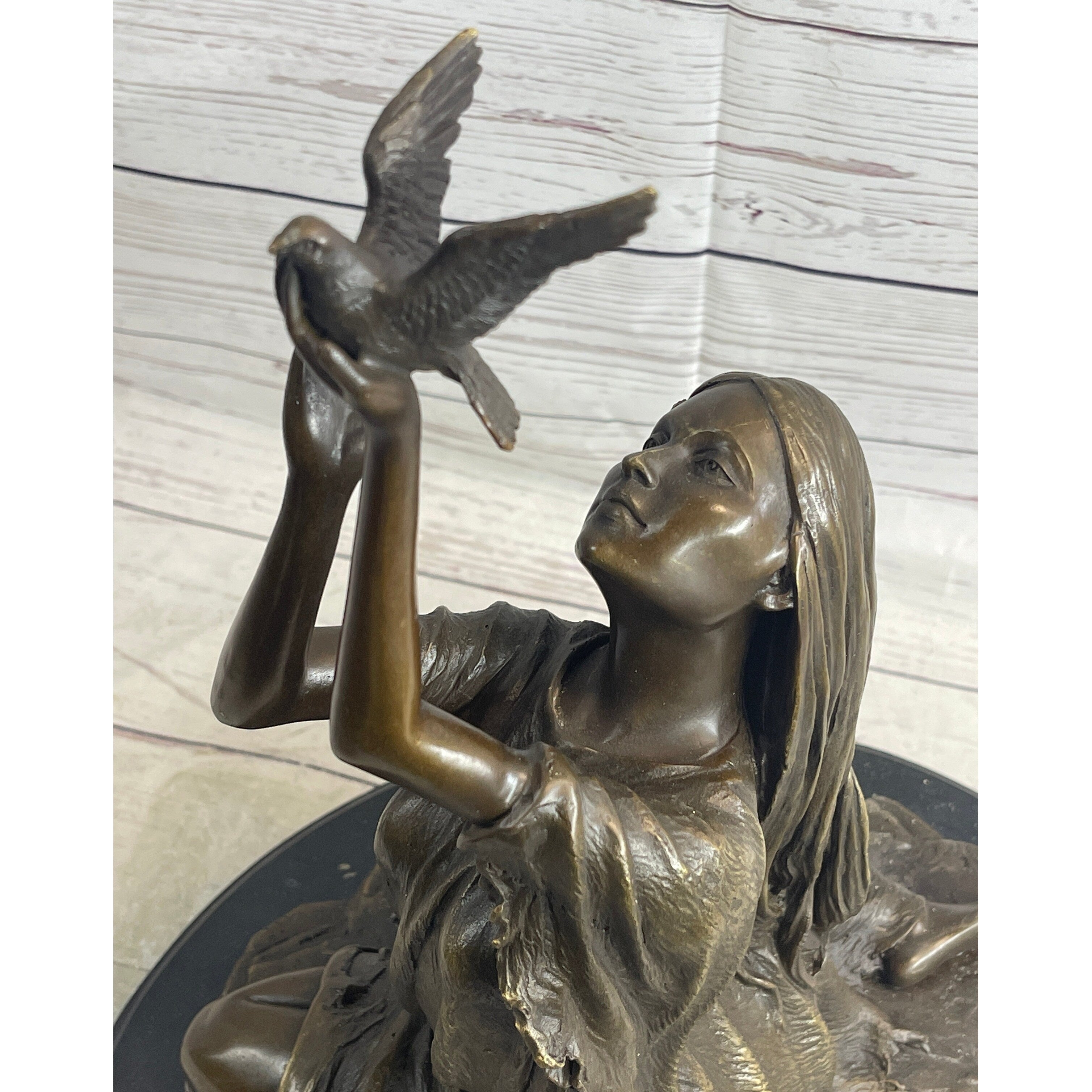 Native American Indian Young Girl W/ Bird - Bronze Metal Statue Sculpture Original Art