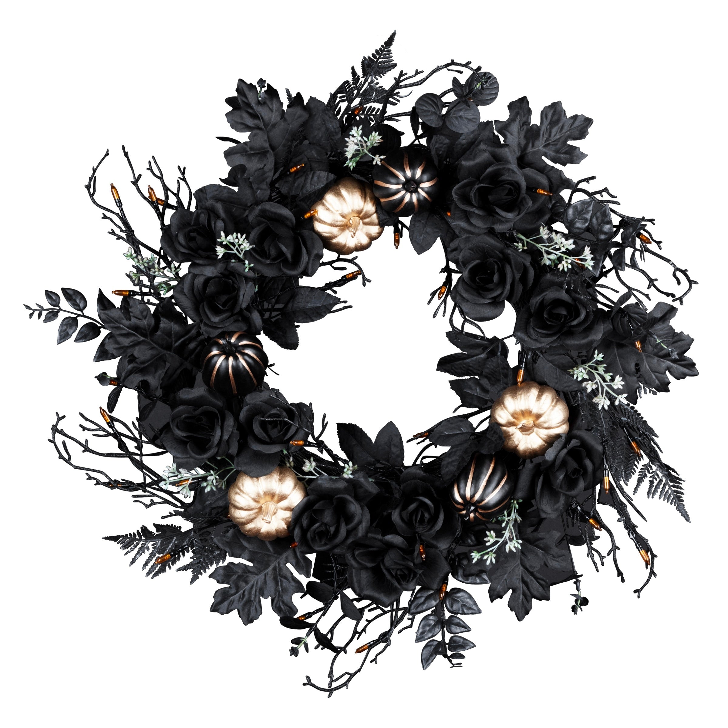 National Tree Company 24 Artificial Chic Eek Black and Gold Halloween Wreath, 40 Orange LED Lights, Battery Operated