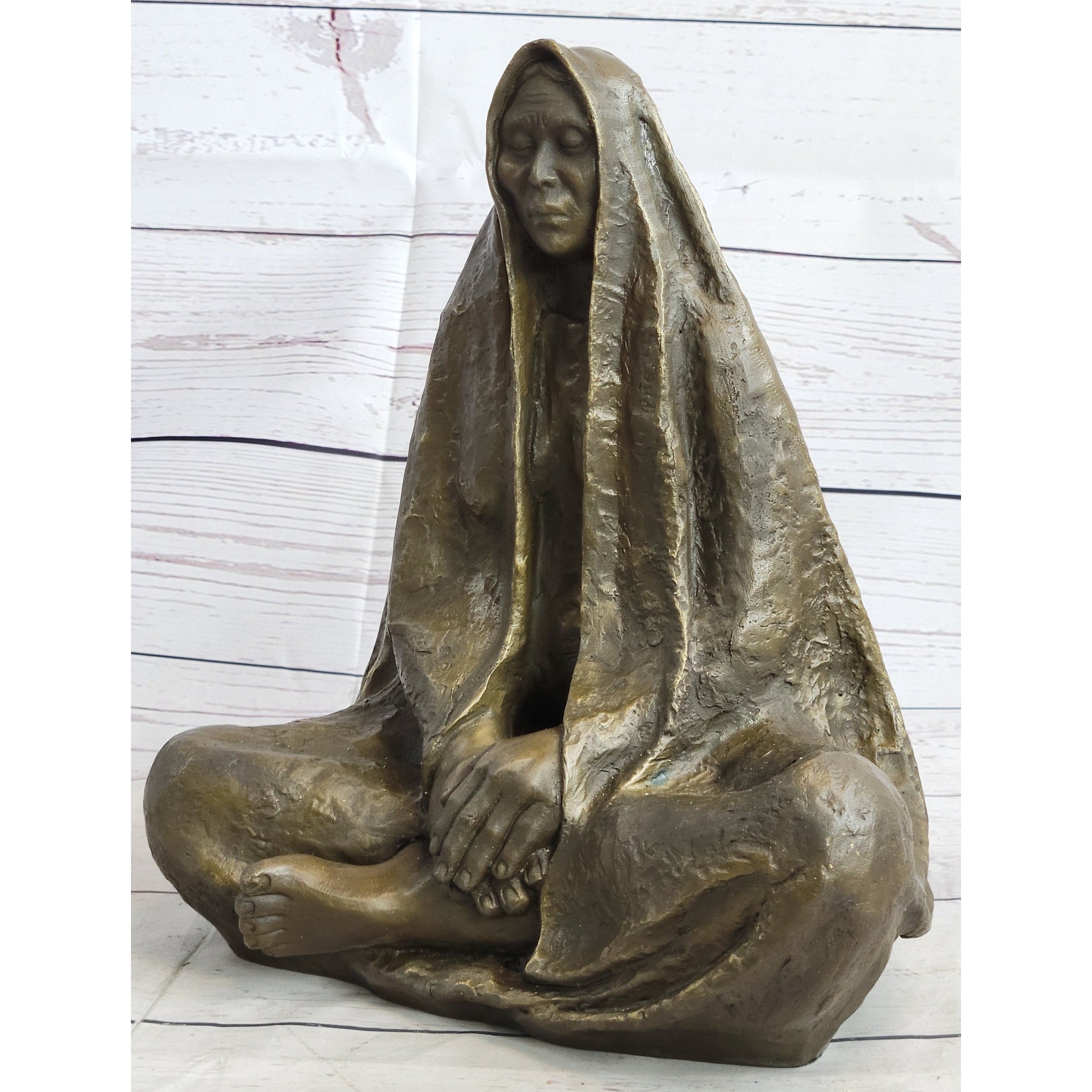 Native American Art Indian W/ Cloak Meditating Bronze Sculpture Figure Statue 11 Inches X 10 Inches