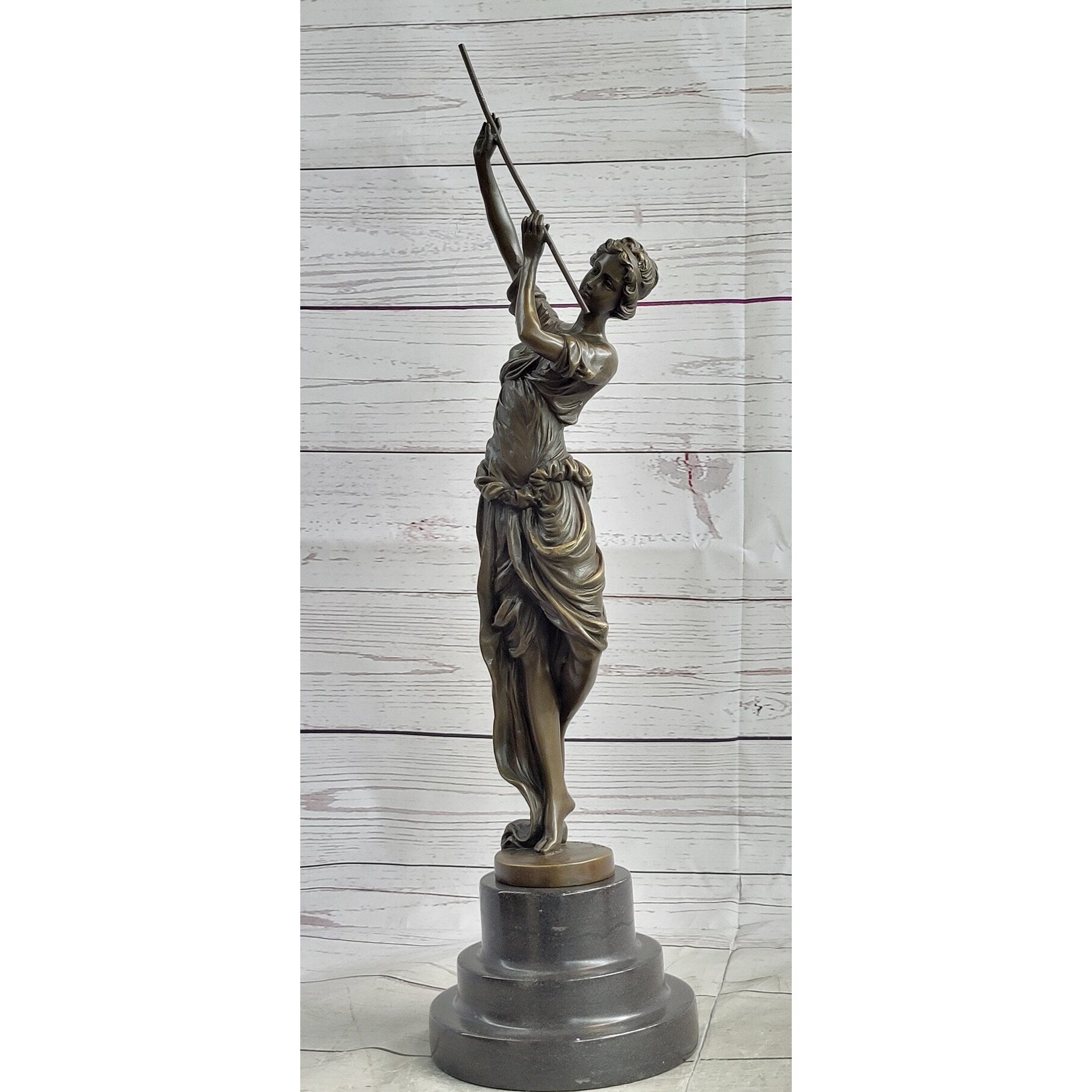 Clical French Flautist Girl Playing Flute Bronze Sculpture Statue Vintage Style Decor