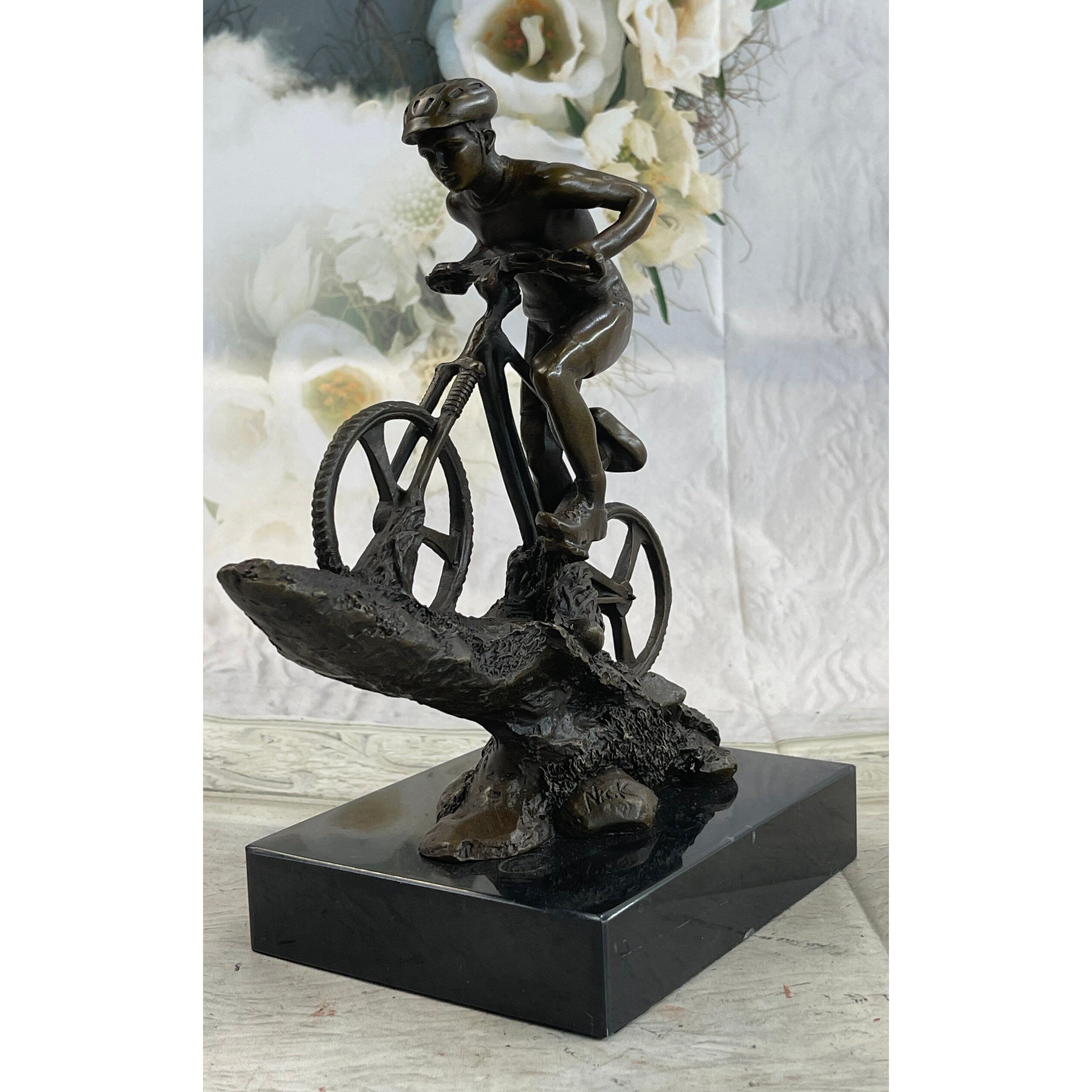 Signed: Nick Bronze Sculpture Biking Sport Statue Man On Bike Bicycle Great Deal!