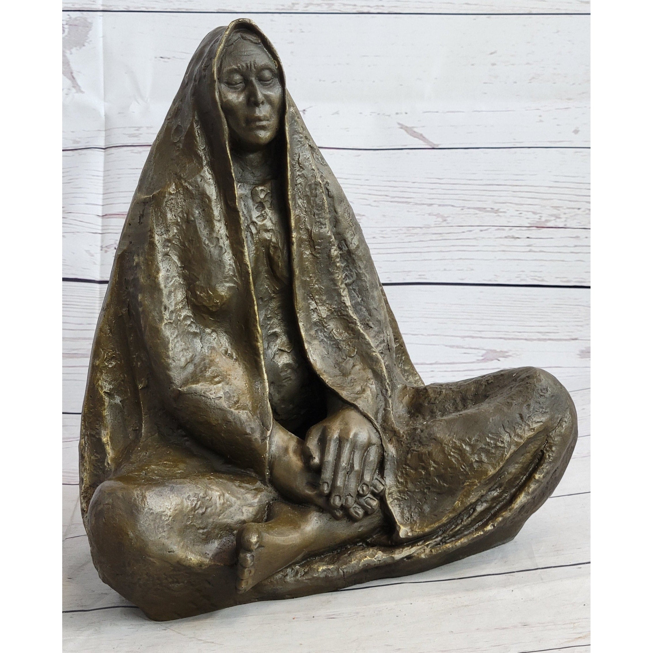 Native American Art Indian W/ Cloak Meditating Bronze Sculpture Figure Statue 11 Inches X 10 Inches