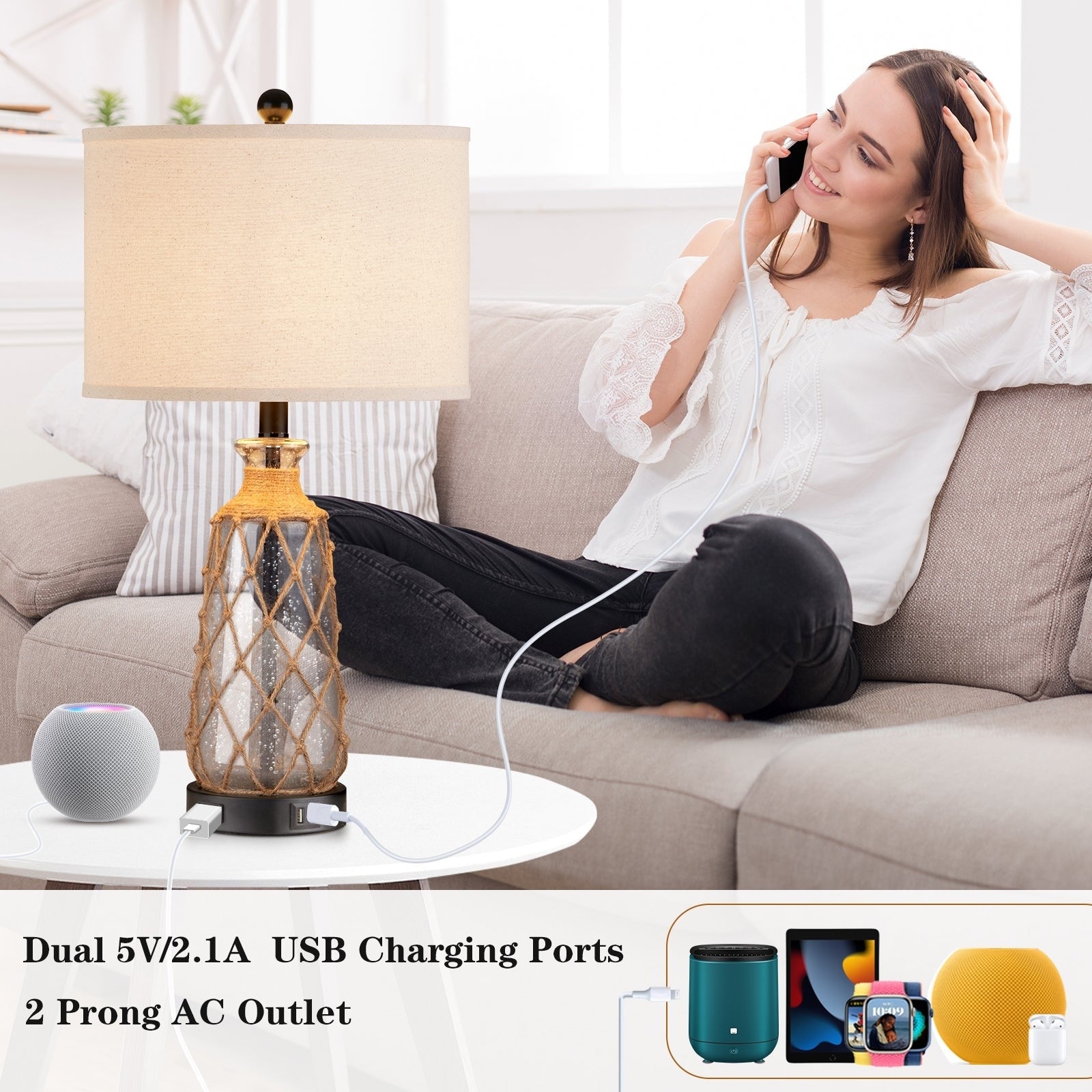 Glass Rattan Table Lamp 3-way Touch Dimming Switch Dual USB Charging Ports AC Outlet (Set of 2) - 12''x 12'' x 25'' (L x W x H)