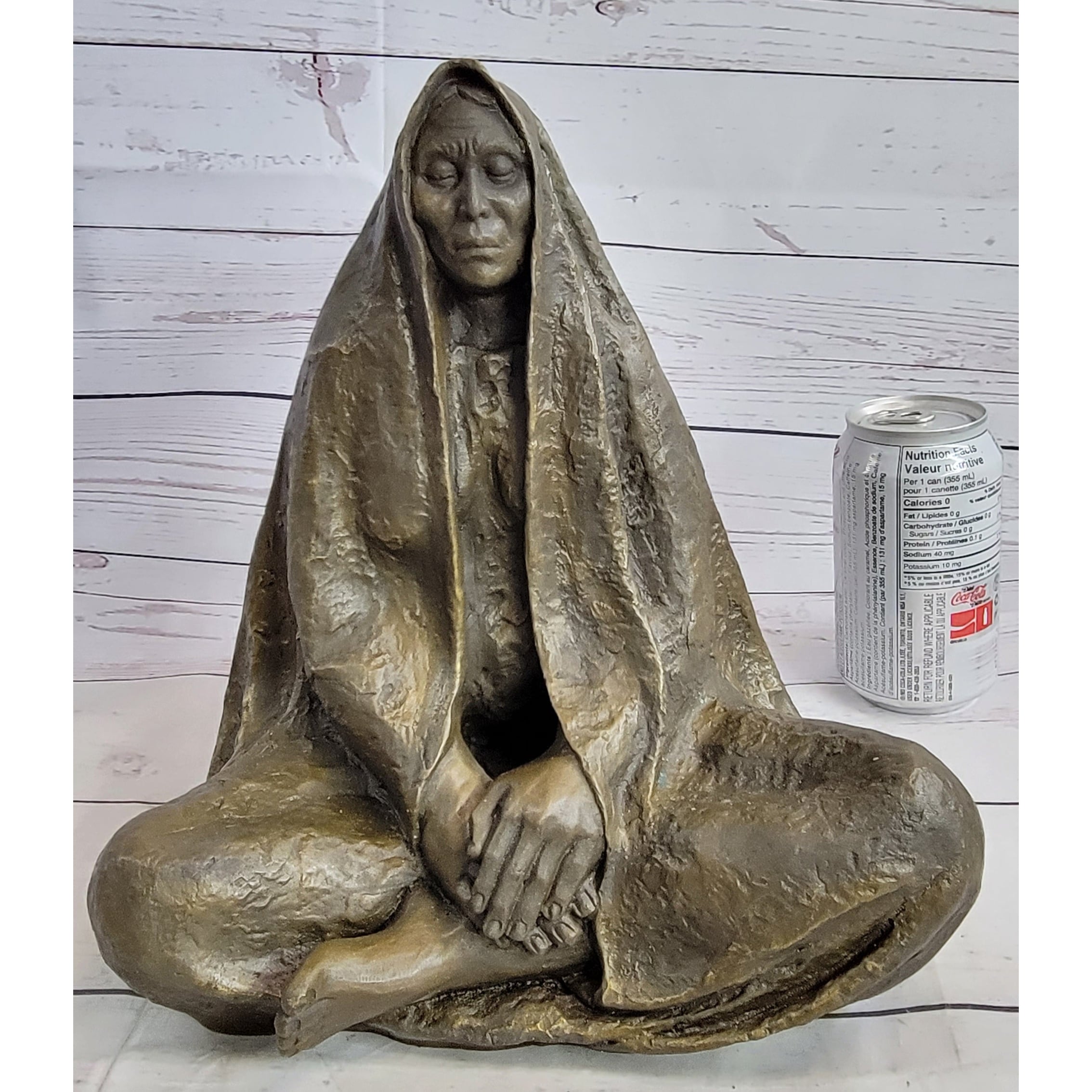 Native American Art Indian W/ Cloak Meditating Bronze Sculpture Figure Statue 11 Inches X 10 Inches