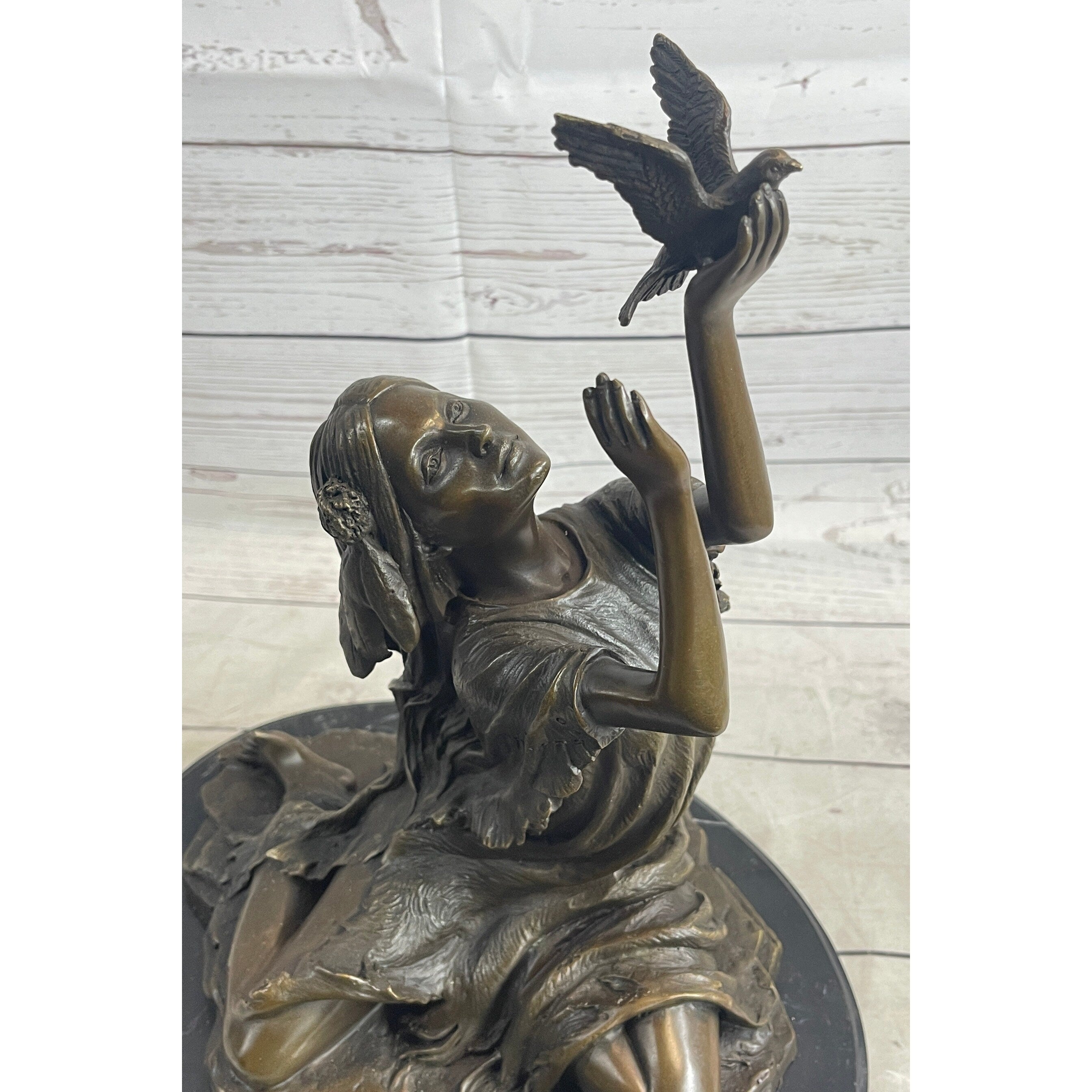 Native American Indian Young Girl W/ Bird - Bronze Metal Statue Sculpture Original Art