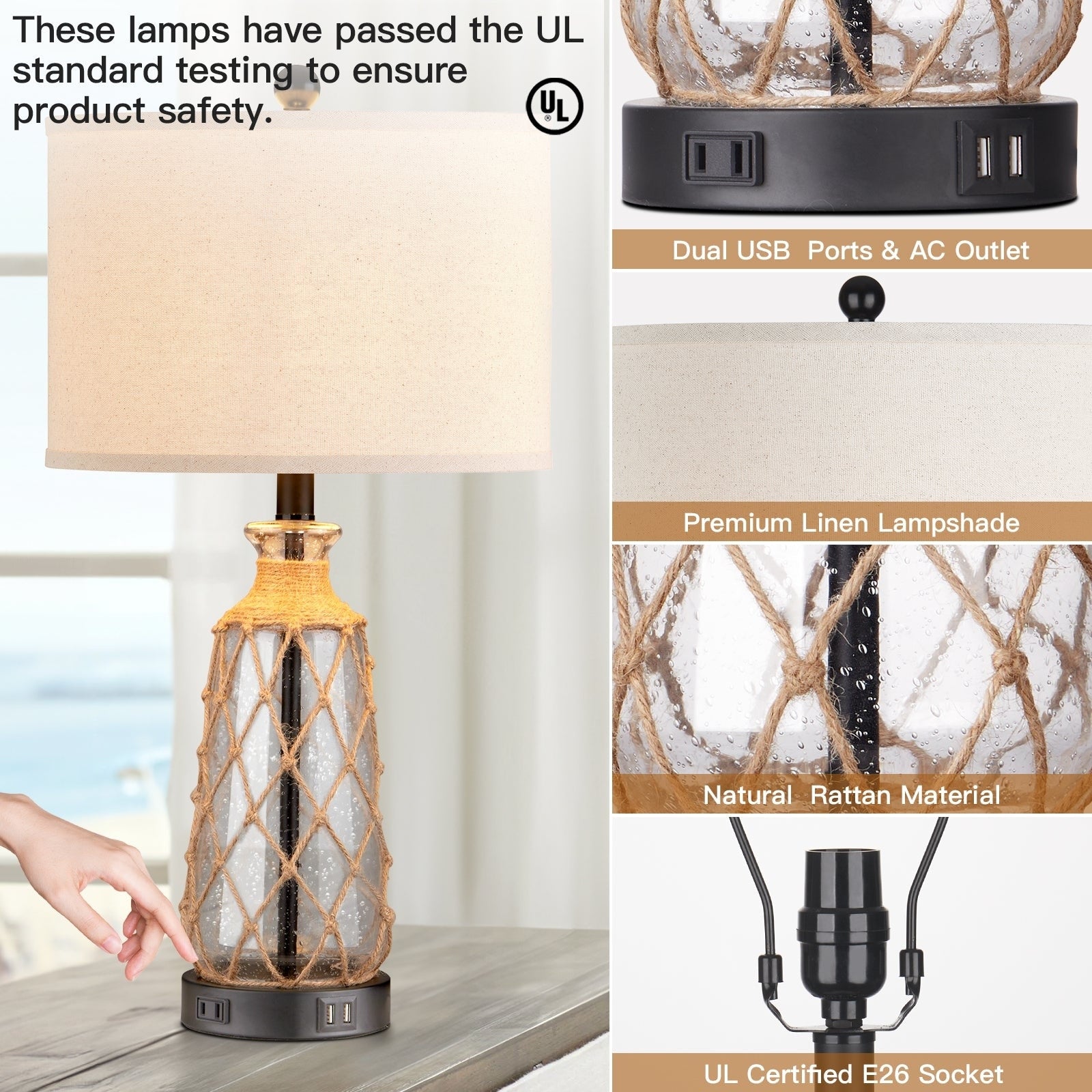 Glass Rattan Table Lamp 3-way Touch Dimming Switch Dual USB Charging Ports AC Outlet (Set of 2) - 12''x 12'' x 25'' (L x W x H)