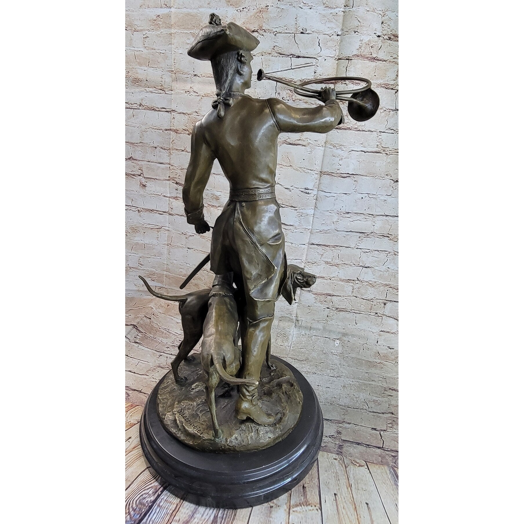 Military Bugler With Hound Dogs Bronze Statue Sculpture On Marble Base 26 Inches X 19 Inches