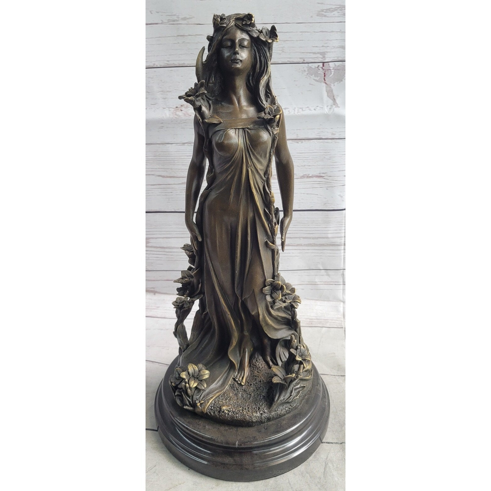 Nymph Girl With Floral Hair Crown Bronze Sculpture Statue Fantasy Art Decor Signed Original Vitaleh