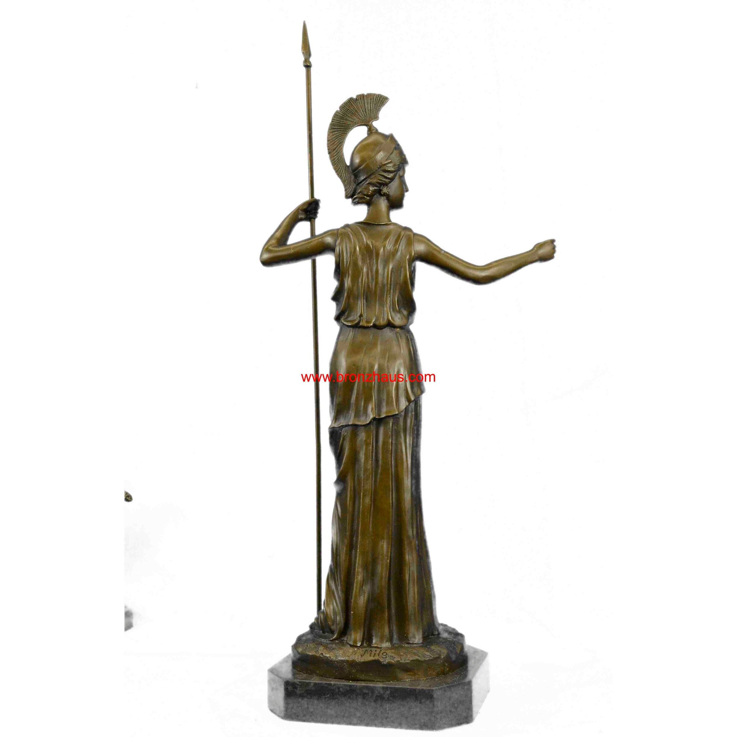 Ancient Greek Bronze Museum Statue Replica Of Athena W/ Spear Shield Figurine