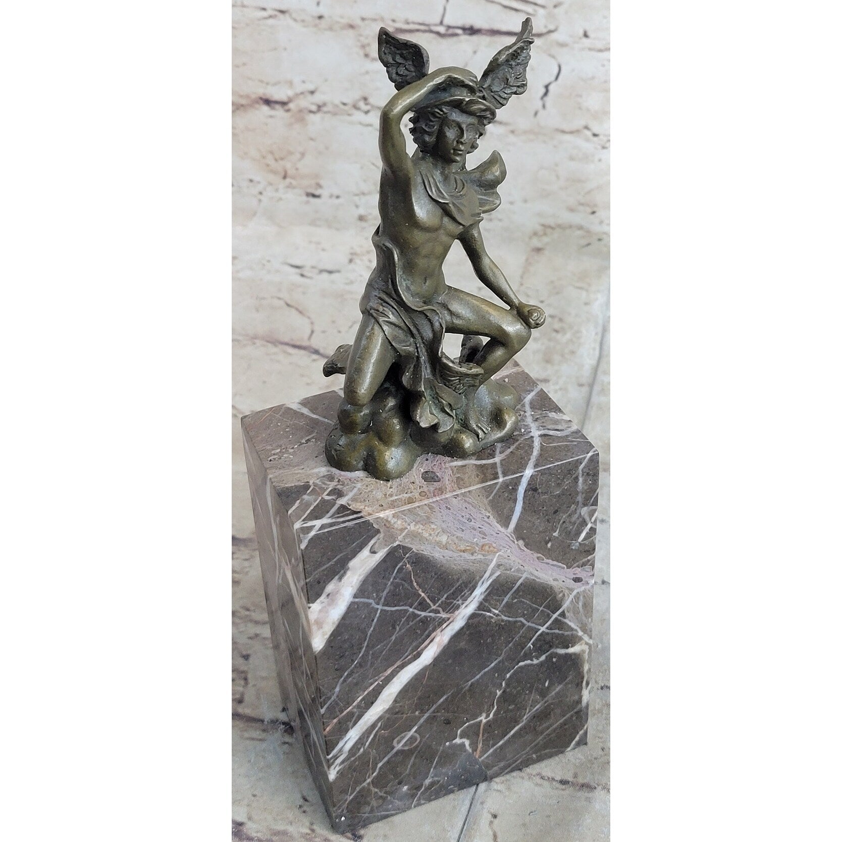 Mercury Hermes W/ Winged Helm Miniature Bronze Sculpture Figure On Marble Base