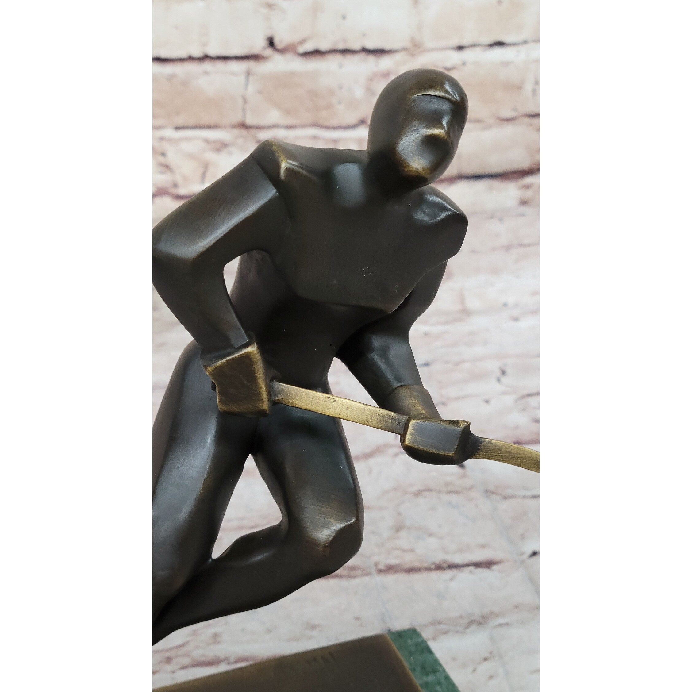 Abstract Hockey Player Bronze Metal Statue Sculpture Trophy On Green Marble Base