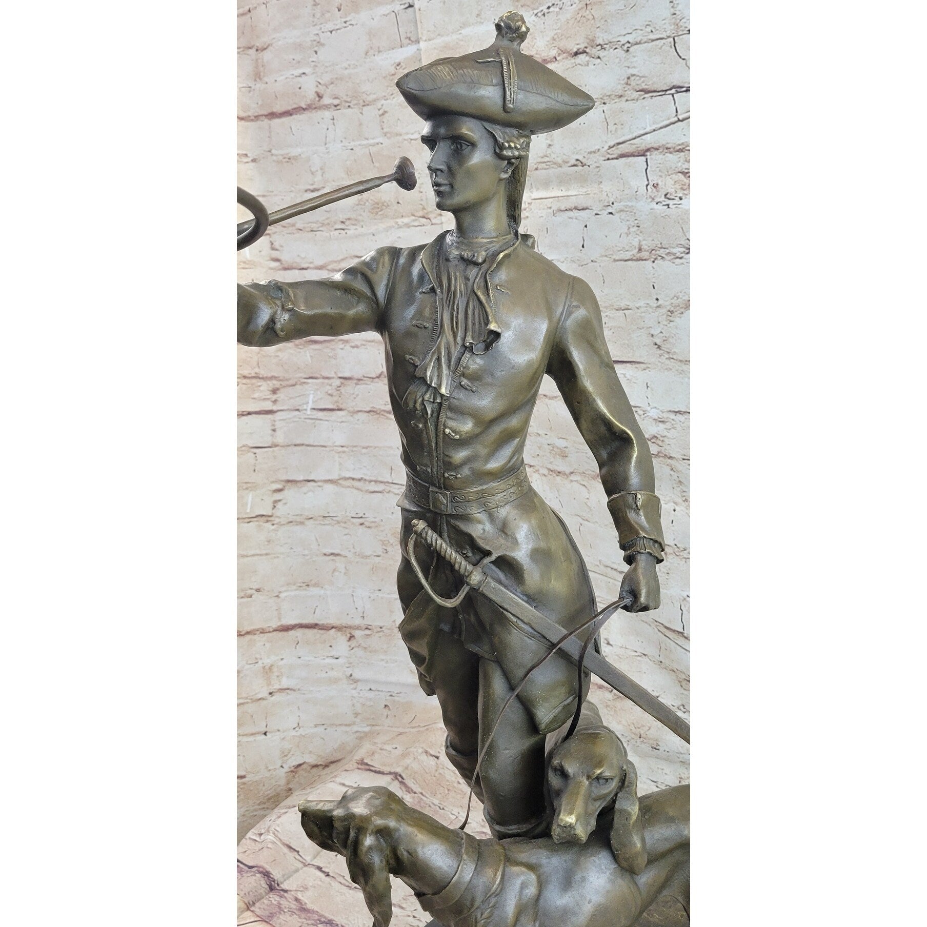 Military Bugler With Hound Dogs Bronze Statue Sculpture On Marble Base 26 Inches X 19 Inches