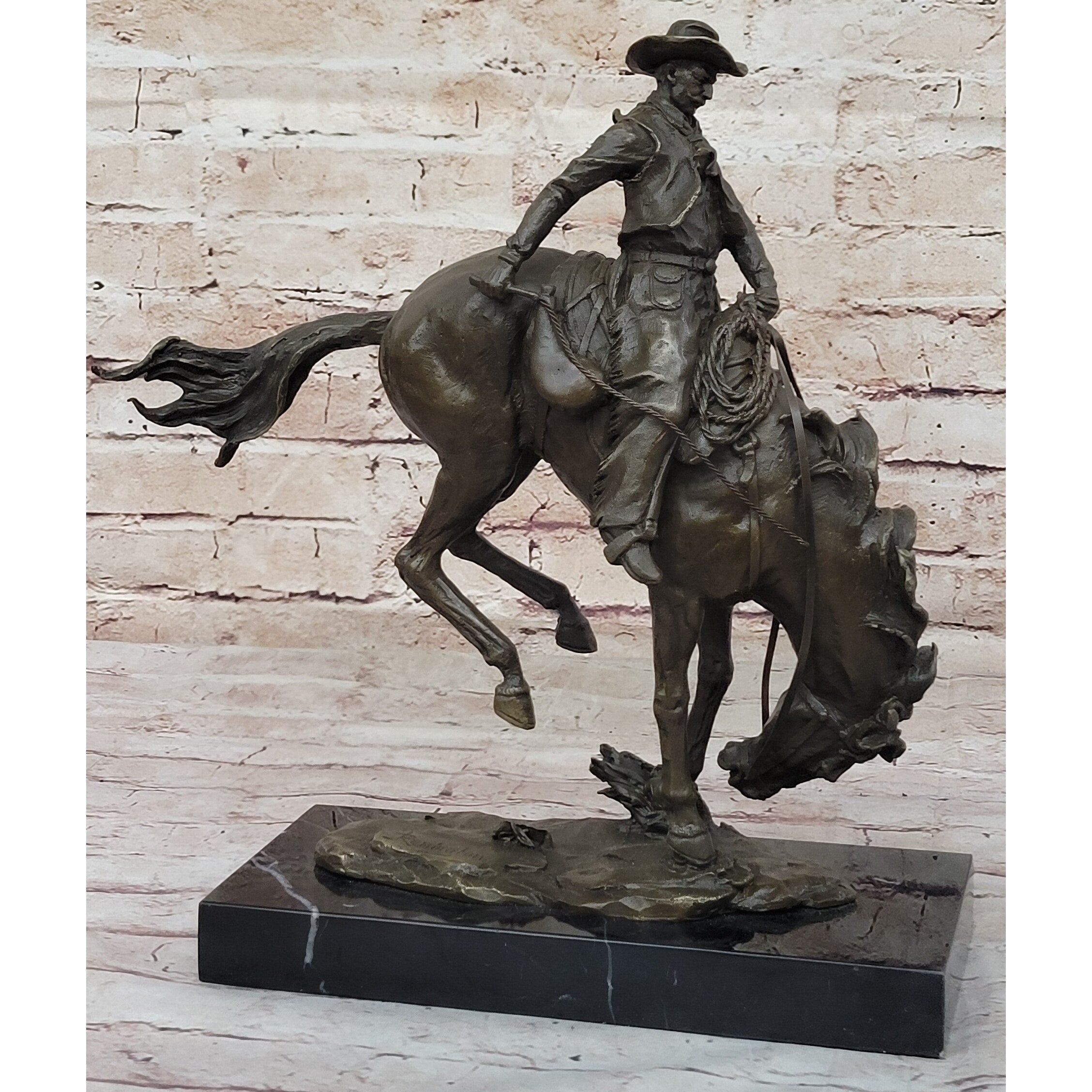 Remington Bronco Buster Cowboy On Bucking Horse - Western Bronze Sculpture On Marble Base