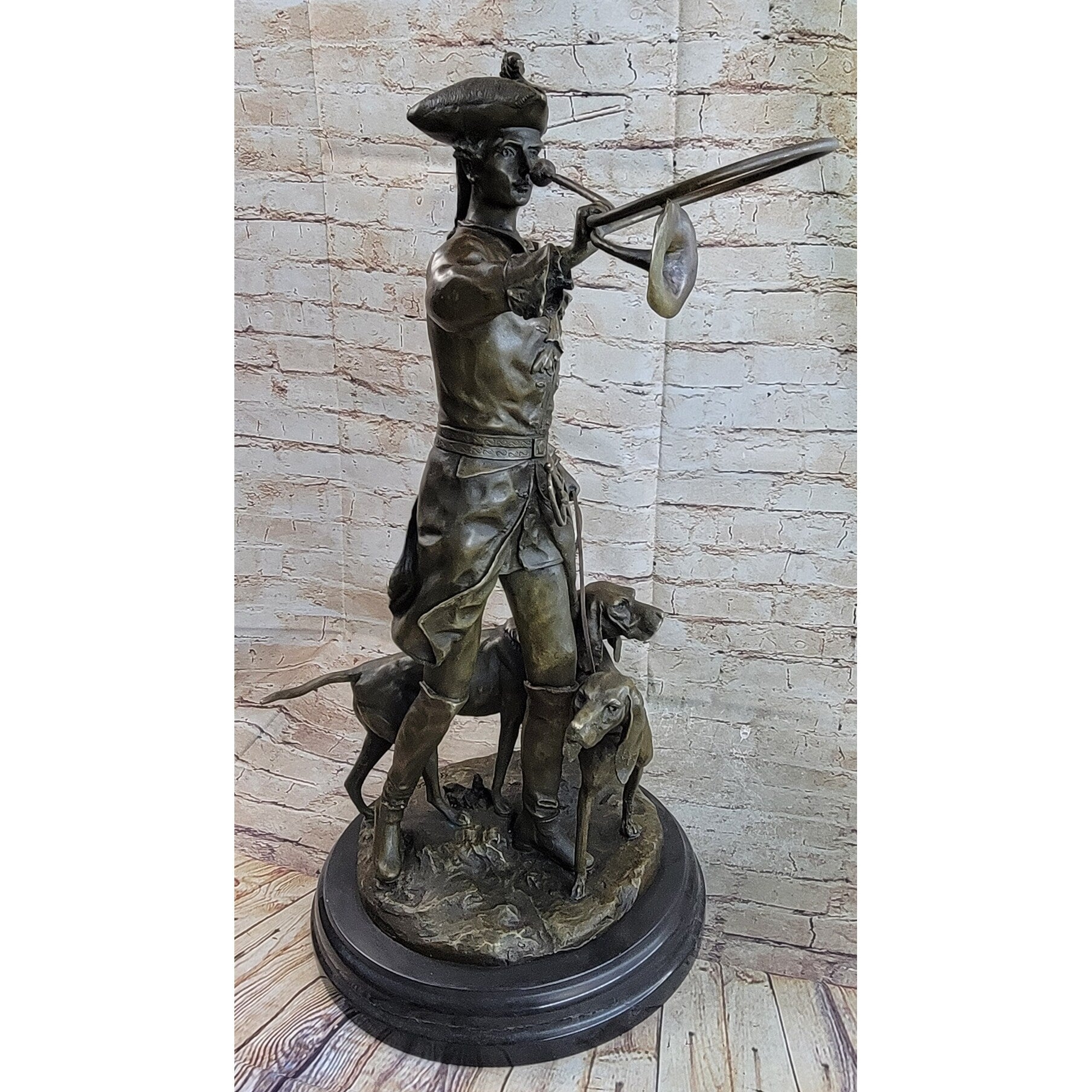 Military Bugler With Hound Dogs Bronze Statue Sculpture On Marble Base 26 Inches X 19 Inches