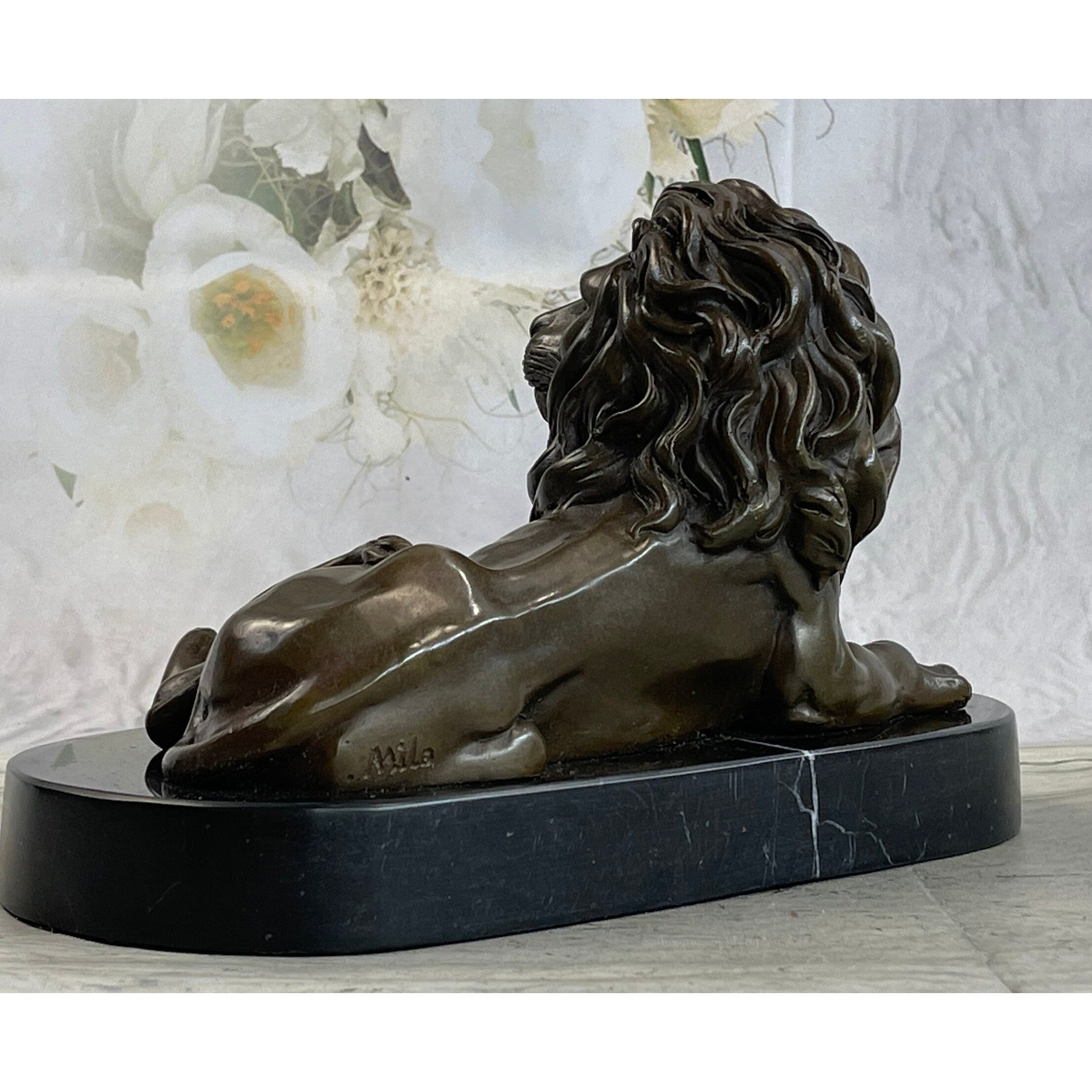 Guardian Lion Bronze Metal Statue Sculpture Desktop Signed Art Marble Base 6 Inches X 10 Inches