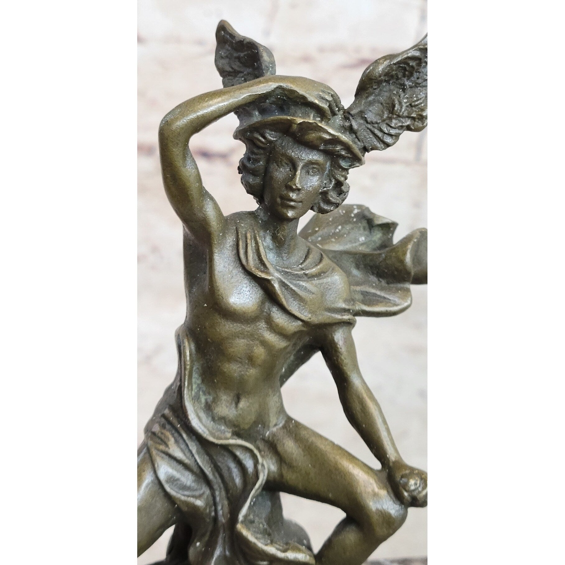 Mercury Hermes W/ Winged Helm Miniature Bronze Sculpture Figure On Marble Base