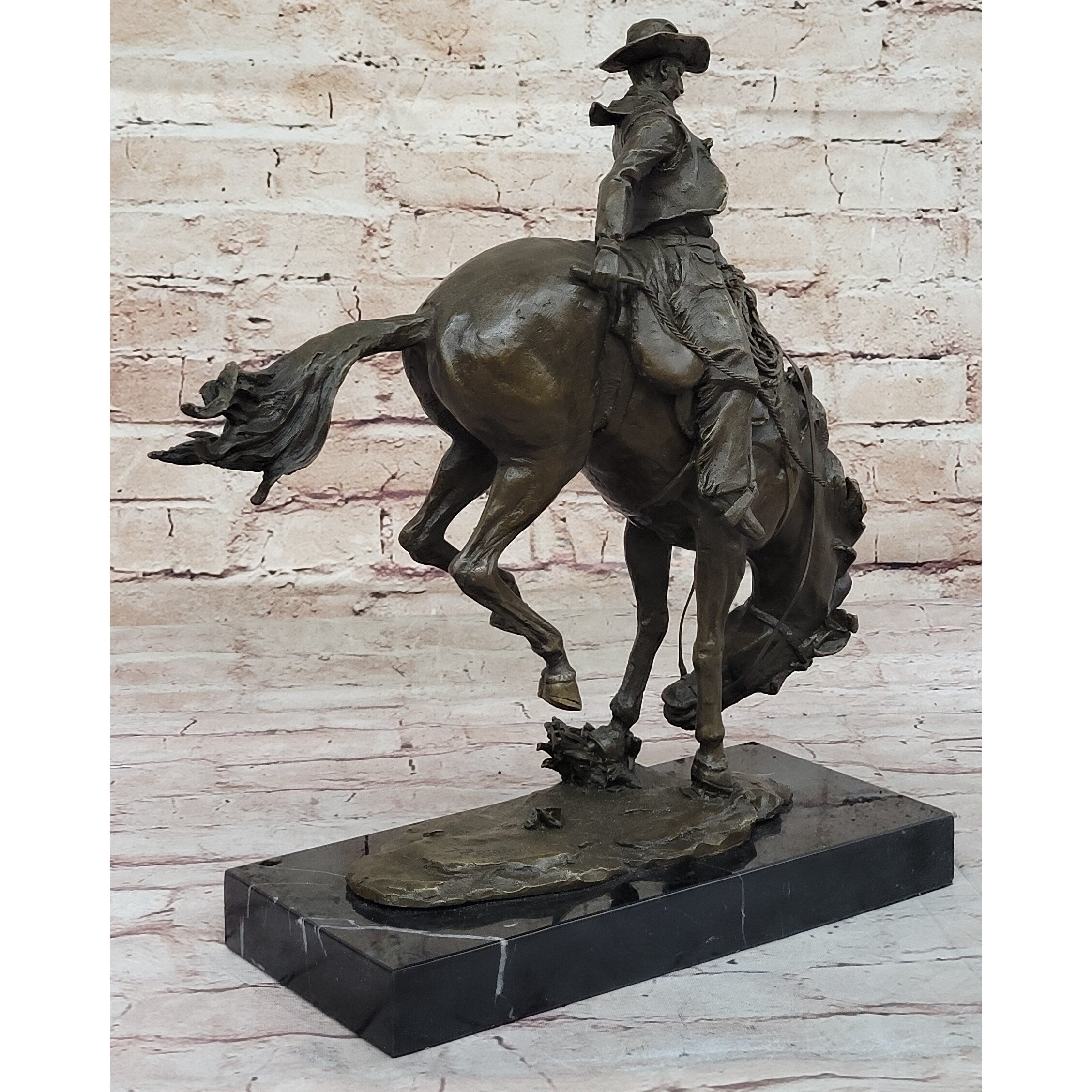 Remington Bronco Buster Cowboy On Bucking Horse - Western Bronze Sculpture On Marble Base