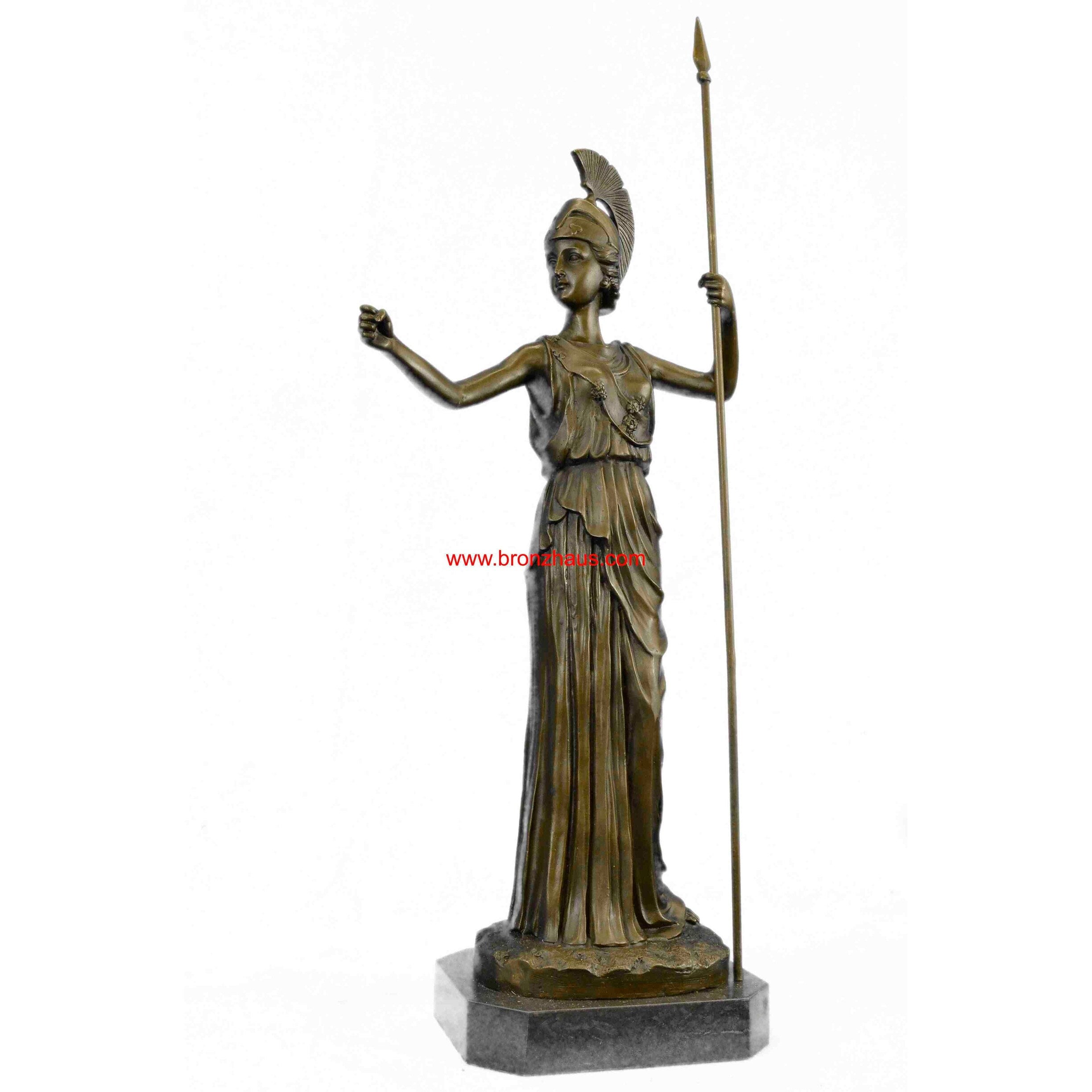 Ancient Greek Bronze Museum Statue Replica Of Athena W/ Spear Shield Figurine