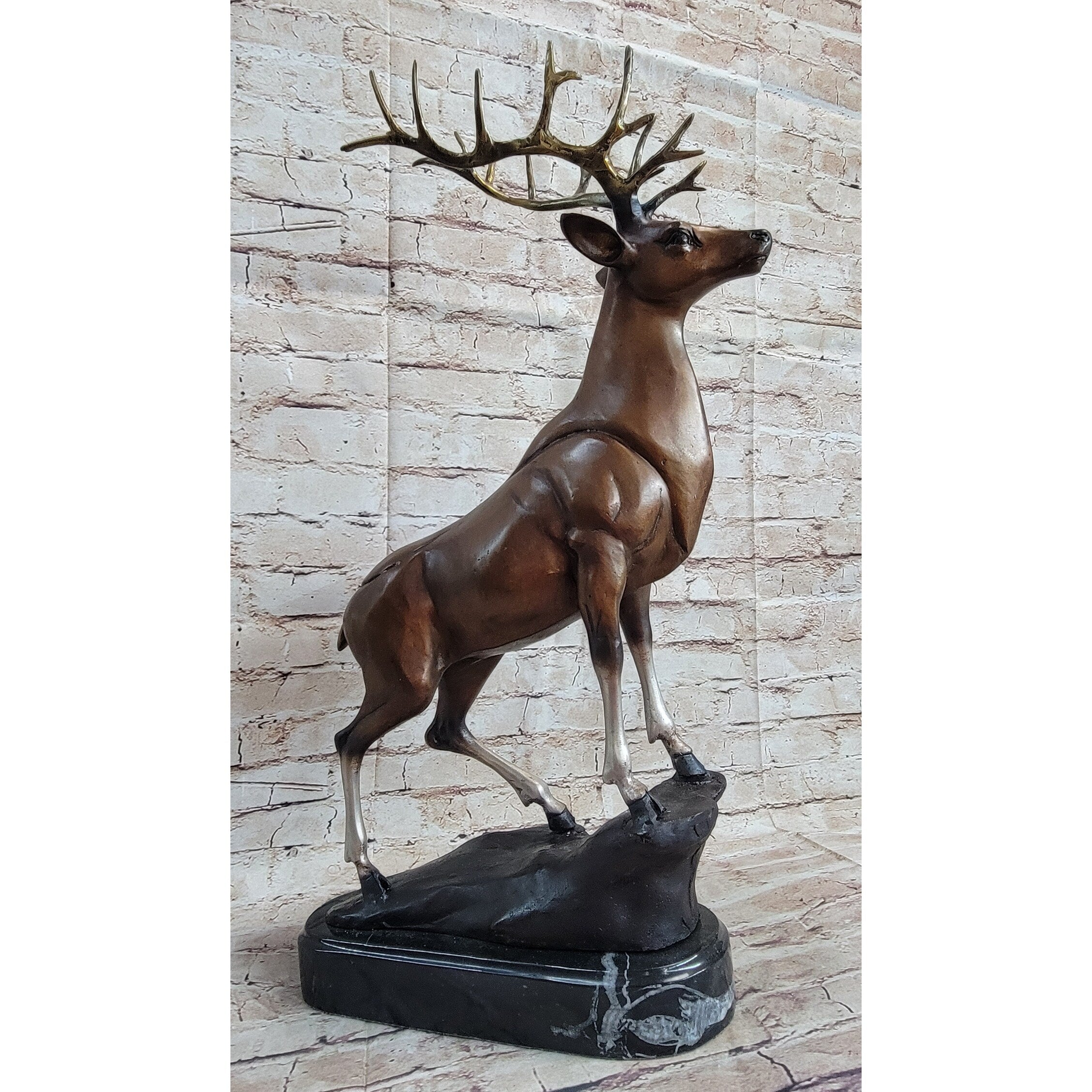 Elk Stag Caribou Reindeer Buck Standing On Rock Bronze Sculpture Statue Figure On Marble Base