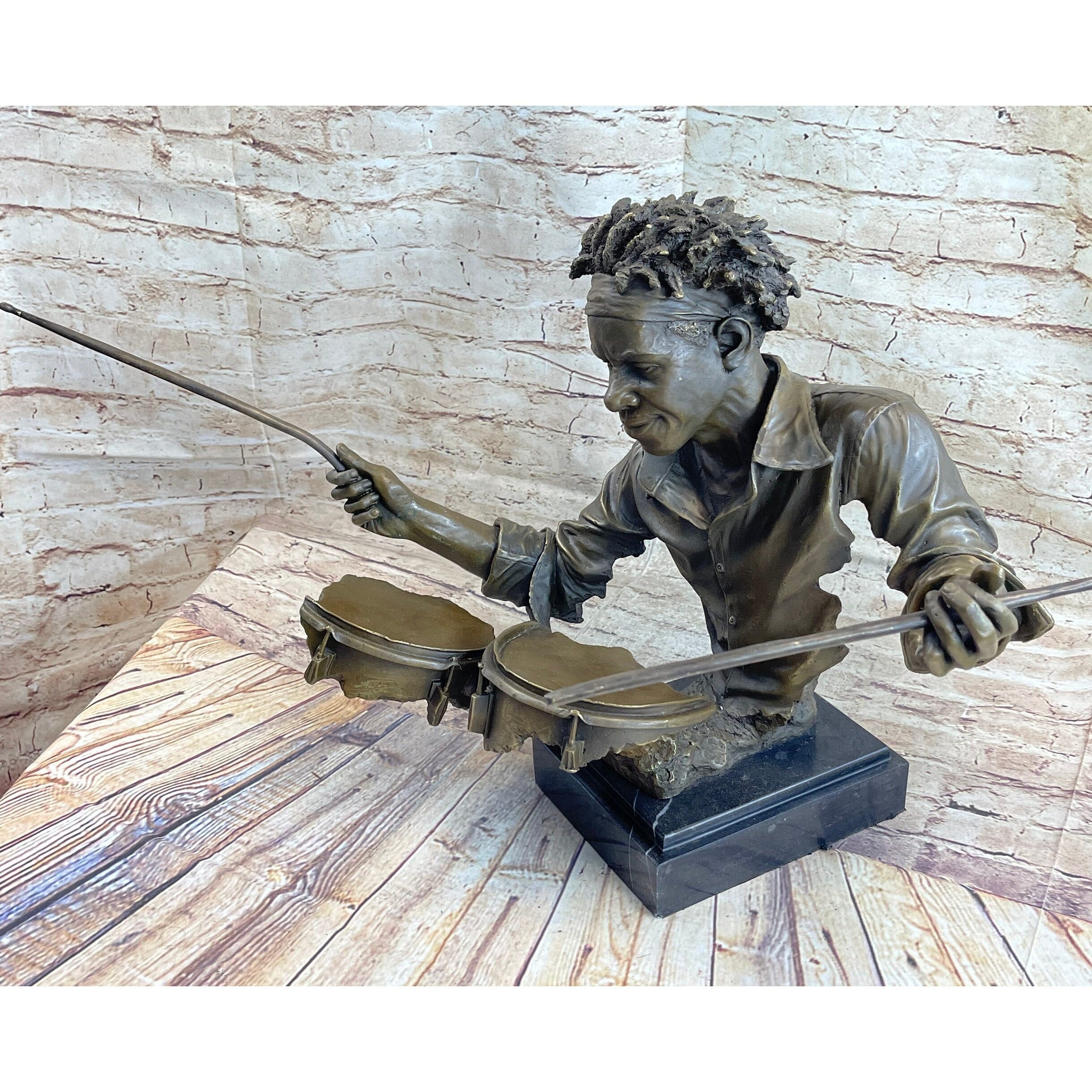 African American Drummer Musician Bronze Sculpture Statue Marble Base