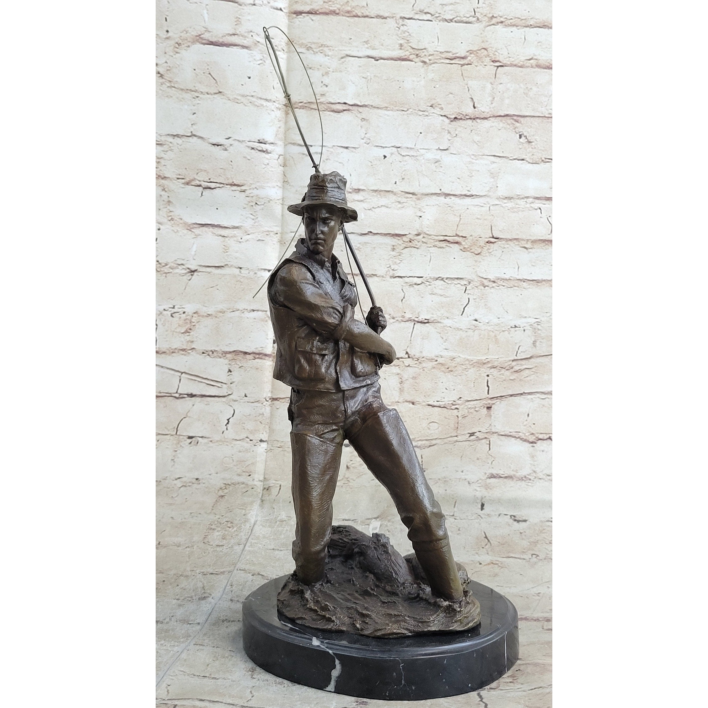 Fisherman Man Fishing Bronze Statue Sculpture Figure Decor 16 Inches X 8 Inches