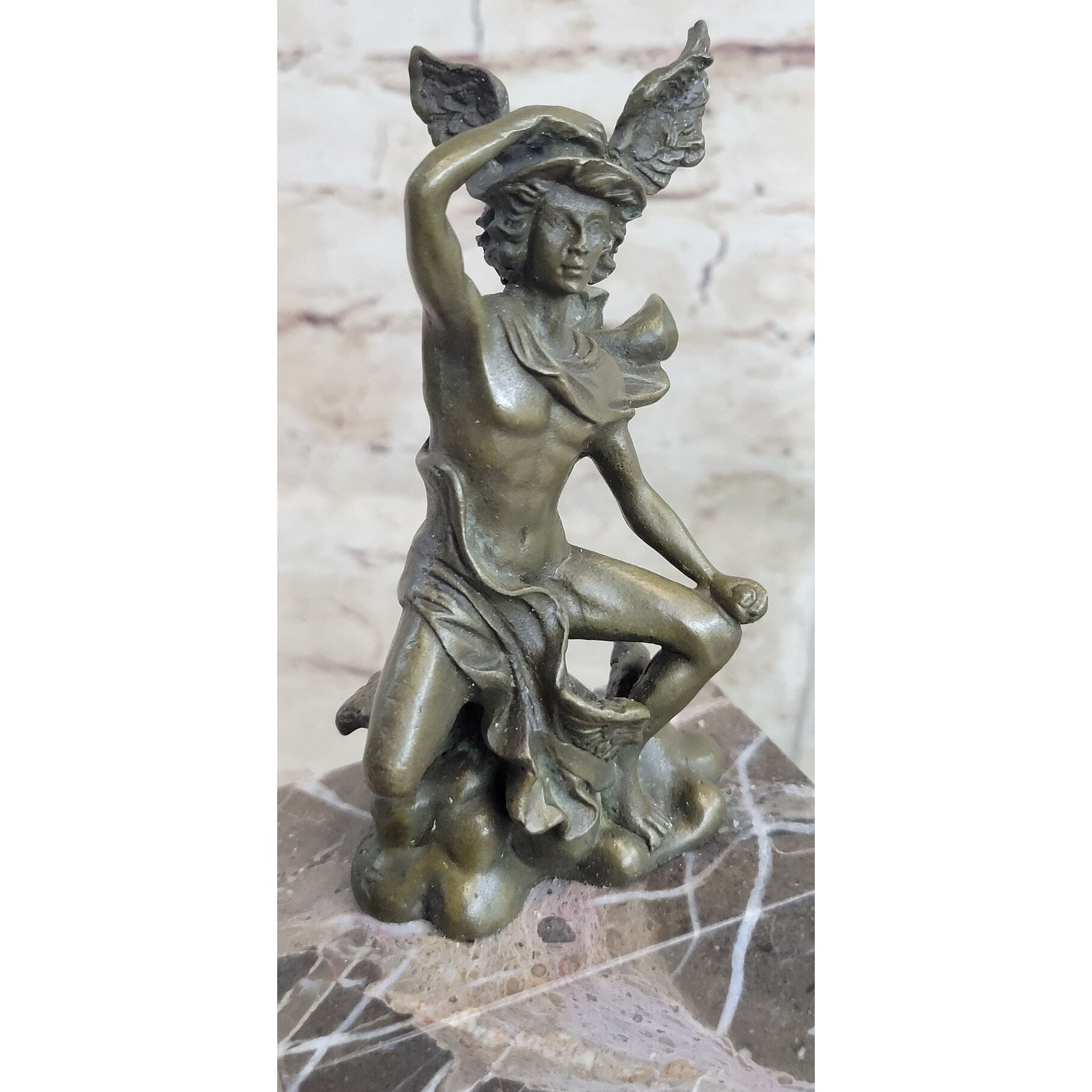 Mercury Hermes W/ Winged Helm Miniature Bronze Sculpture Figure On Marble Base