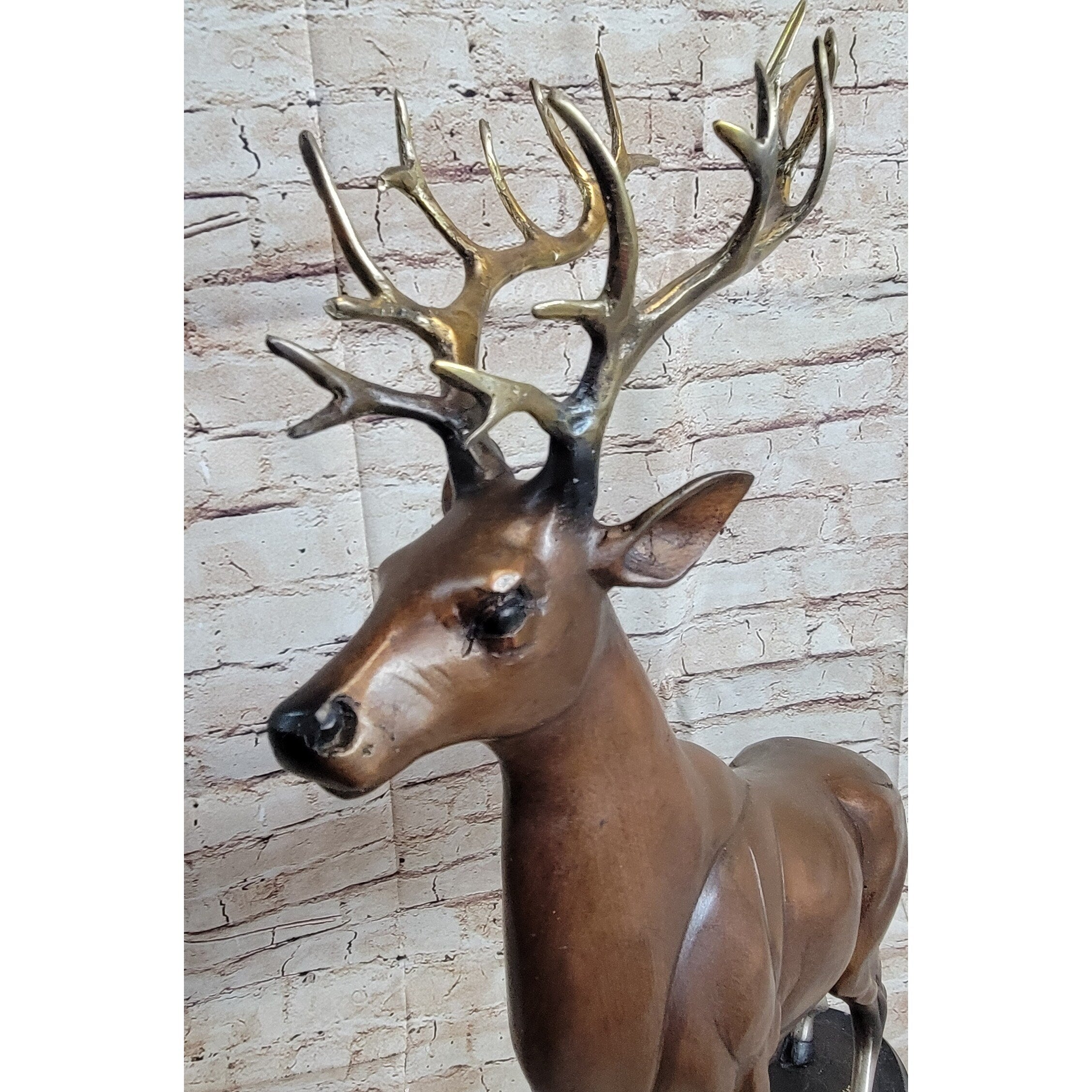 Elk Stag Caribou Reindeer Buck Standing On Rock Bronze Sculpture Statue Figure On Marble Base