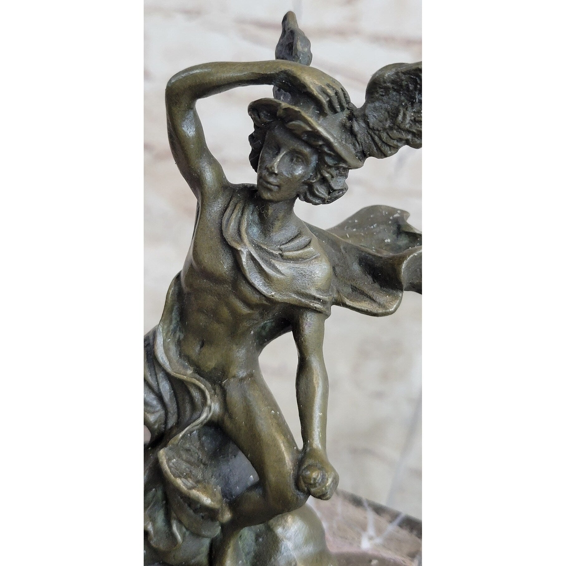 Mercury Hermes W/ Winged Helm Miniature Bronze Sculpture Figure On Marble Base