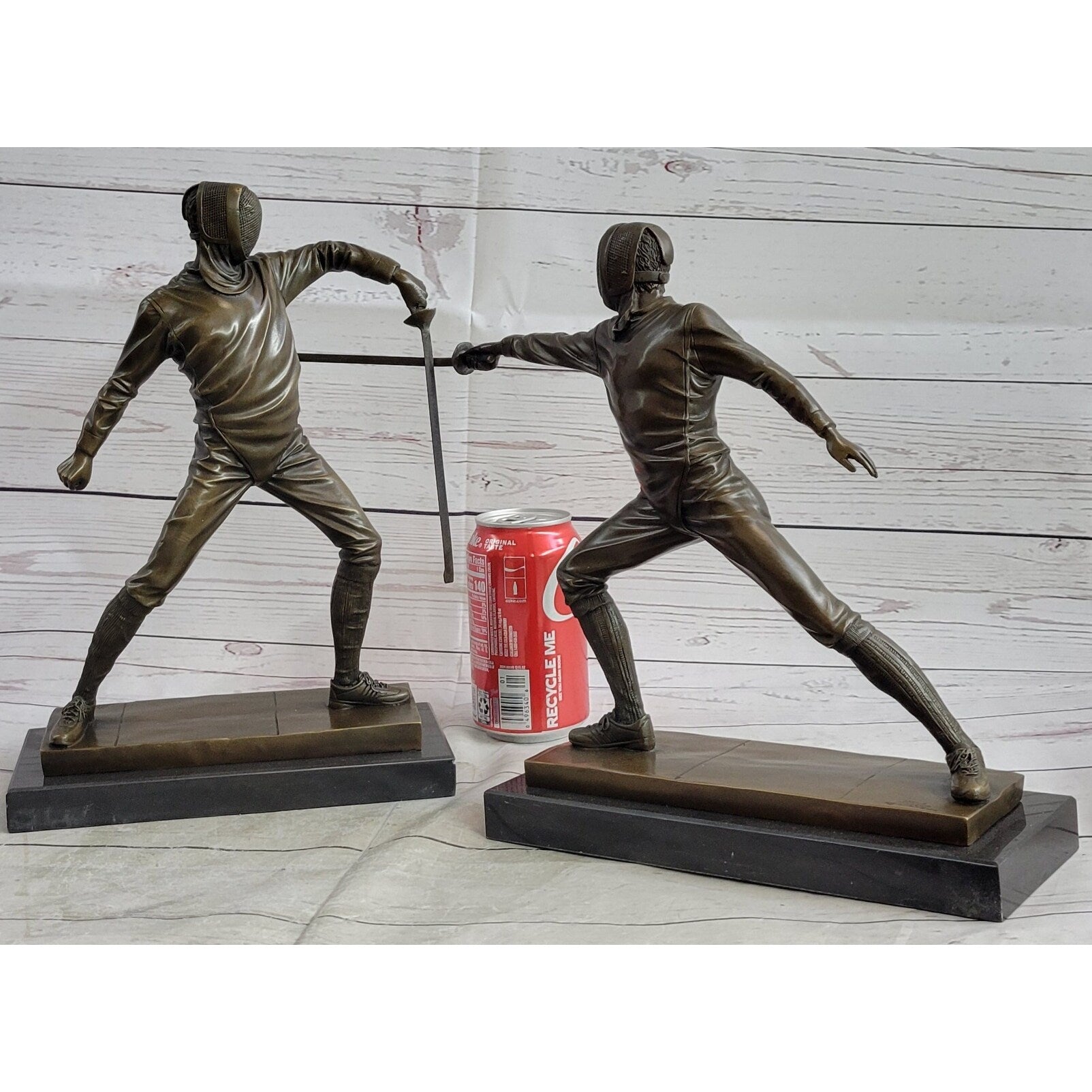 Pair Of Fencers Fencing Bronze Bookend Sculptures Figurines On Marble Base