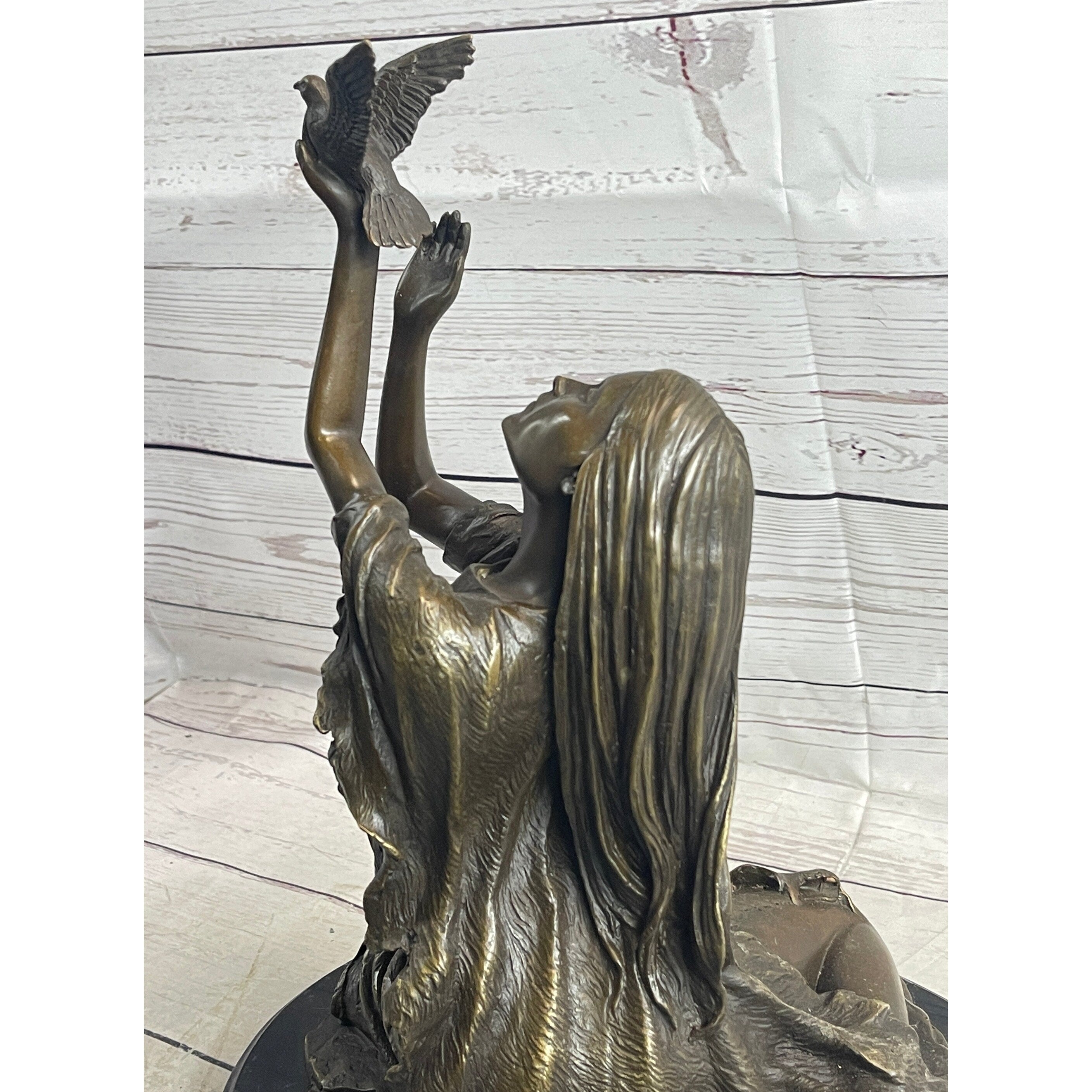 Native American Indian Young Girl W/ Bird - Bronze Metal Statue Sculpture Original Art