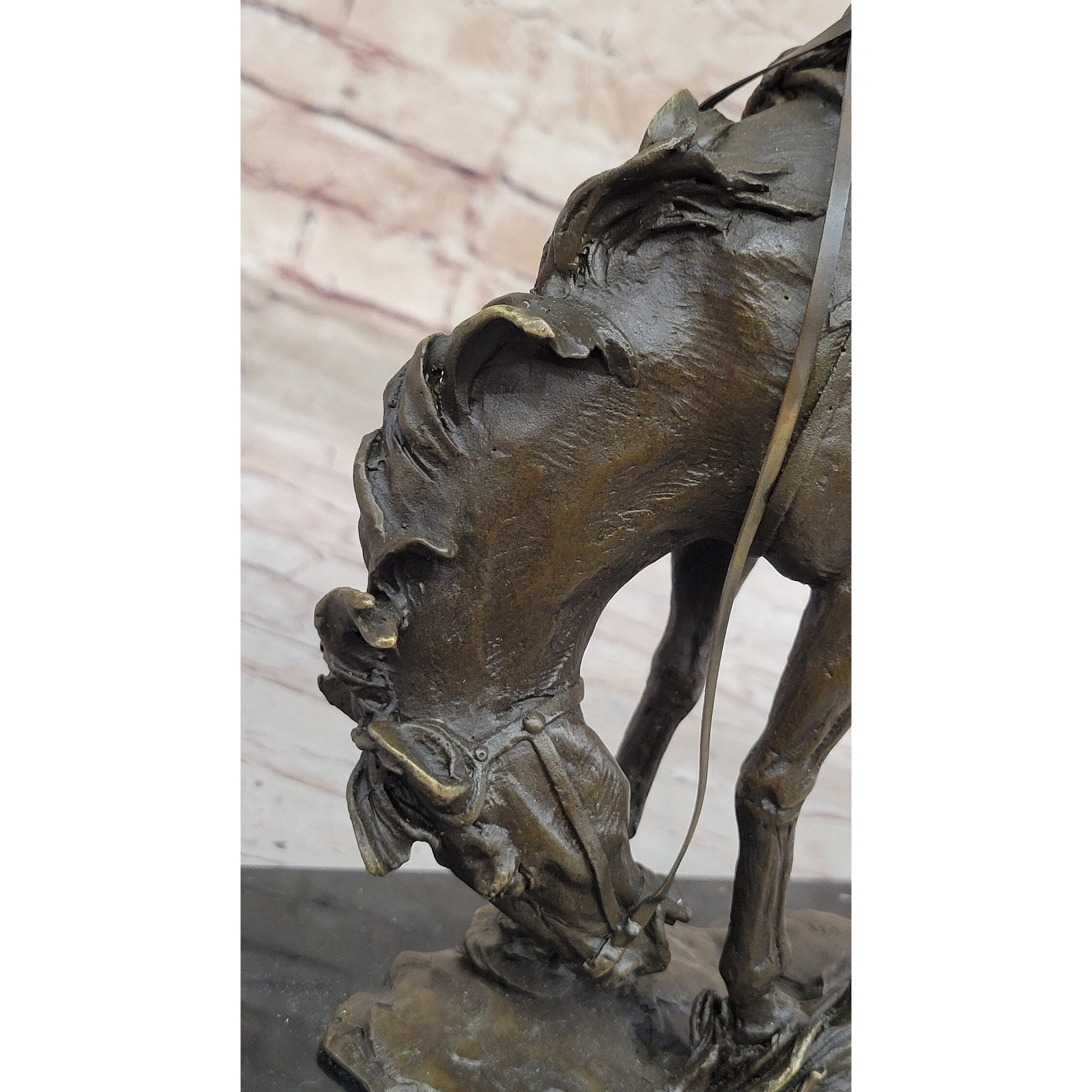 Remington Bronco Buster Cowboy On Bucking Horse - Western Bronze Sculpture On Marble Base