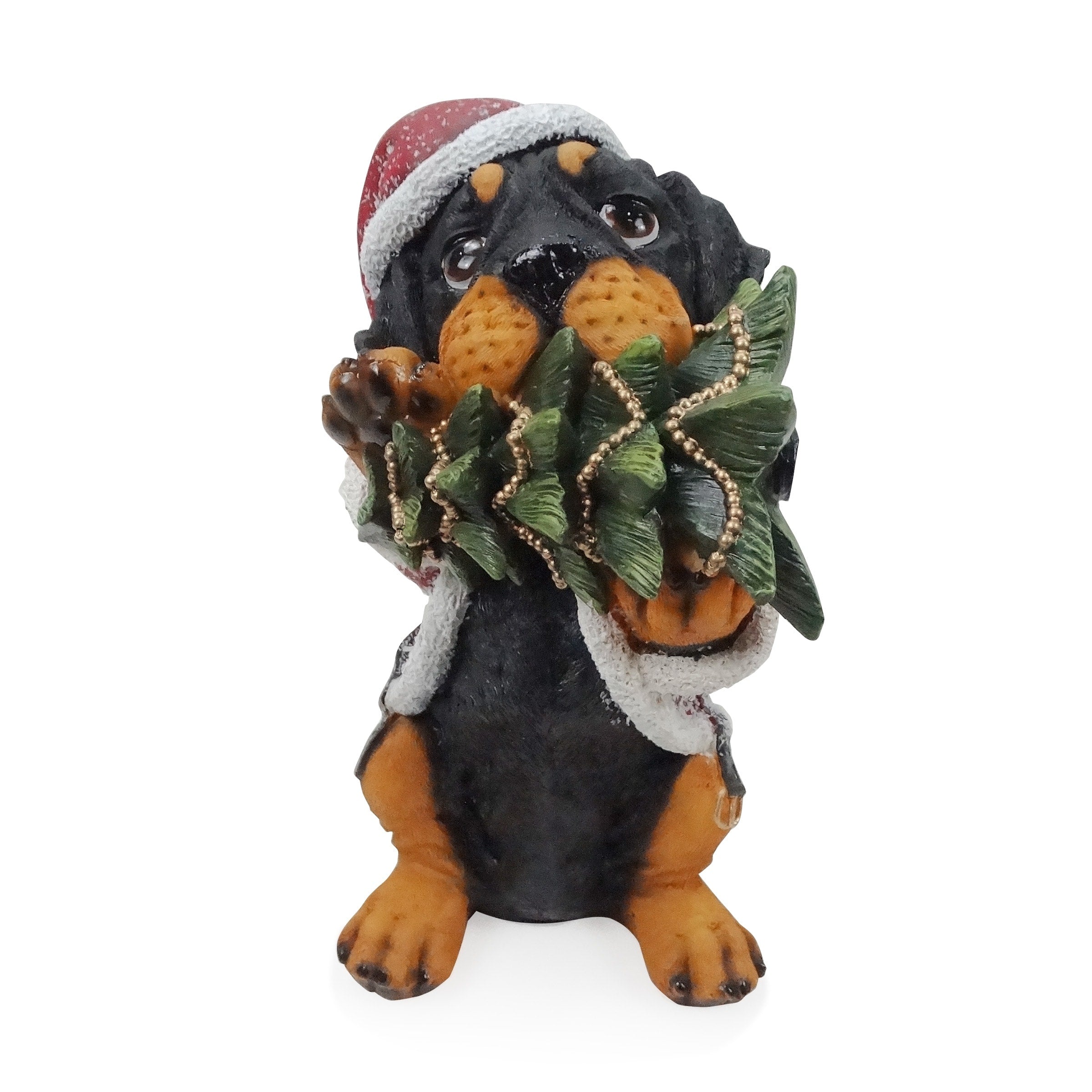 Christmas Santa Black and Tan Puppy Statue w/ Pine Tree - 11 H