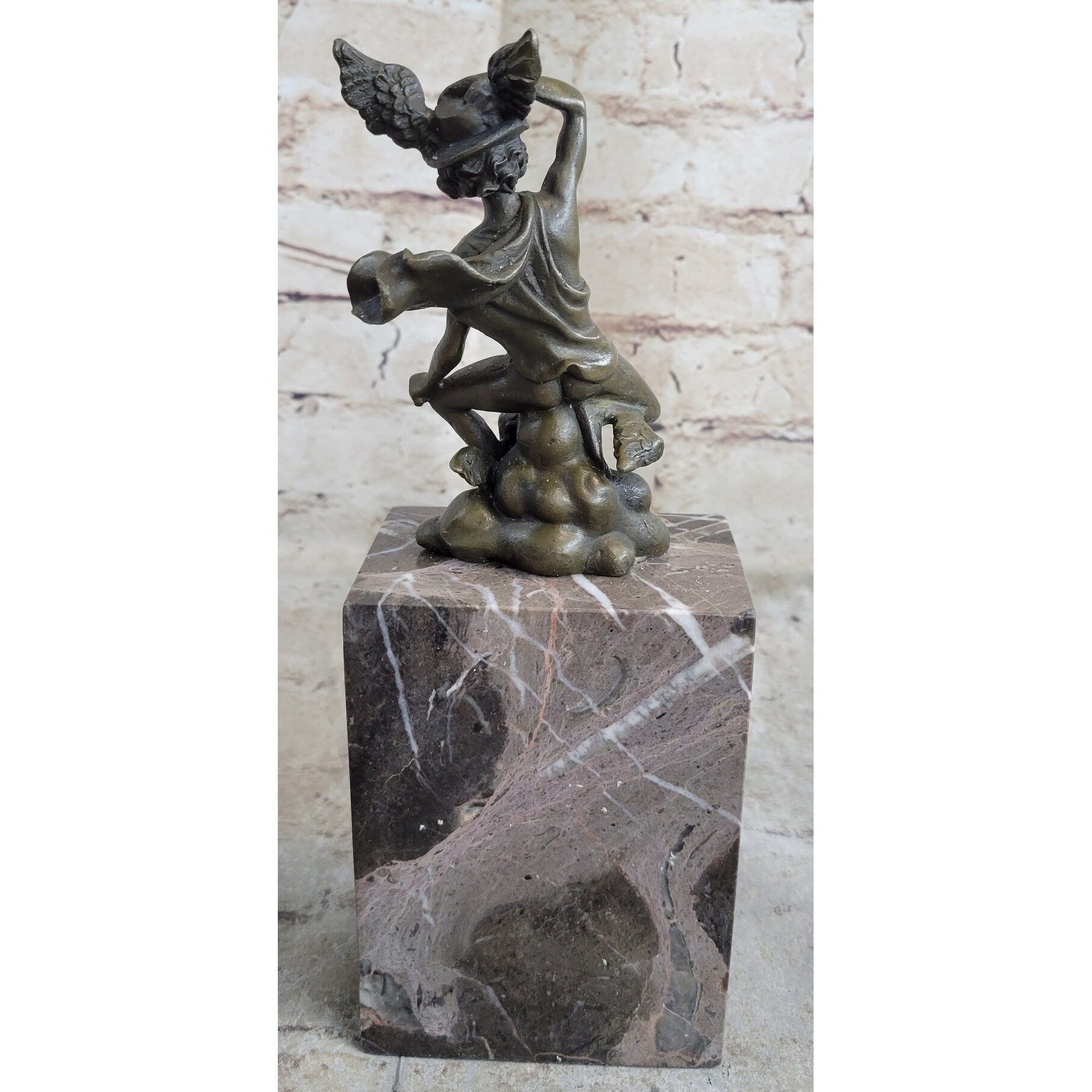 Mercury Hermes W/ Winged Helm Miniature Bronze Sculpture Figure On Marble Base