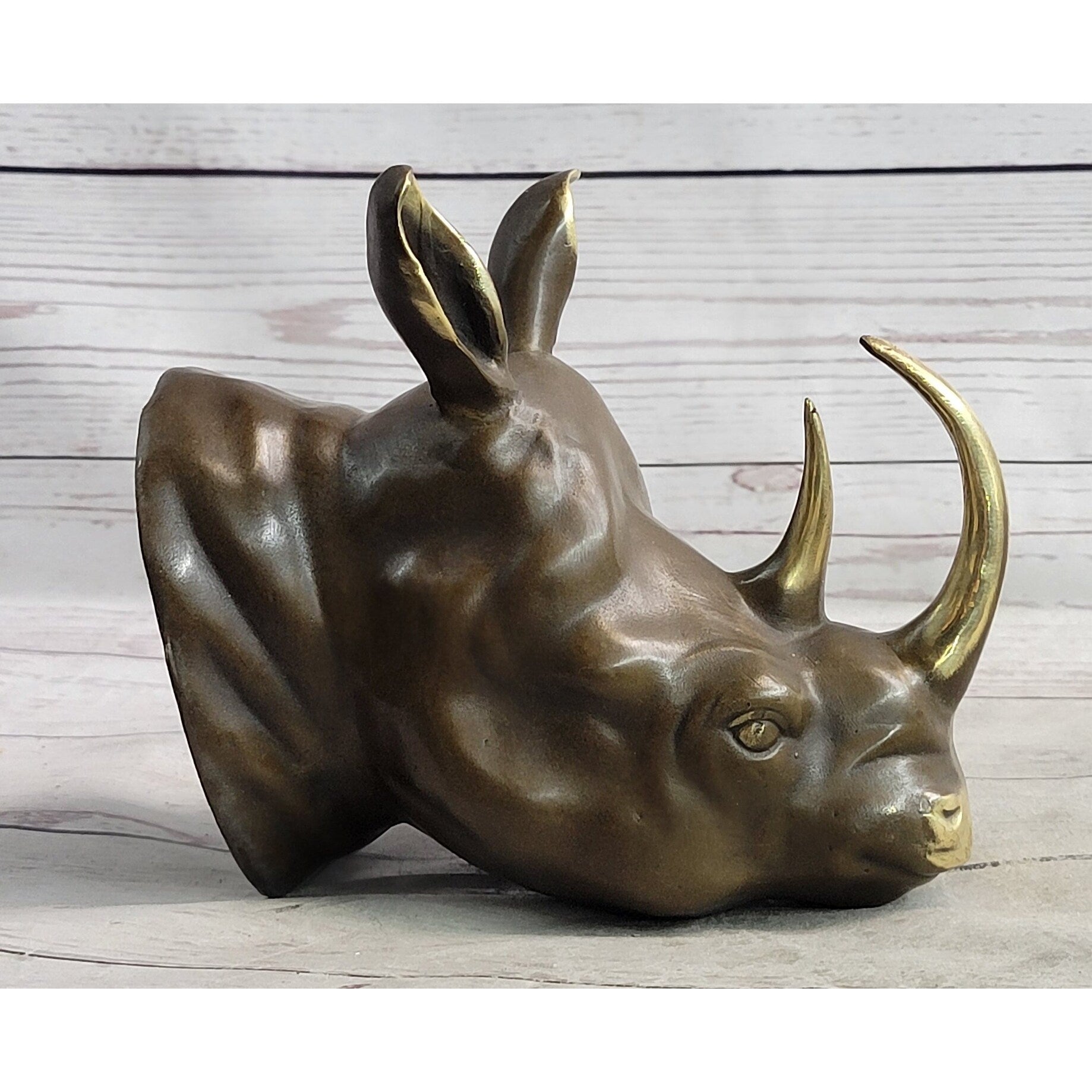 Wall Mounted Hanging Bronze Metal Rhinoceros Rhino Bust Sculpture Decor Trophy Room