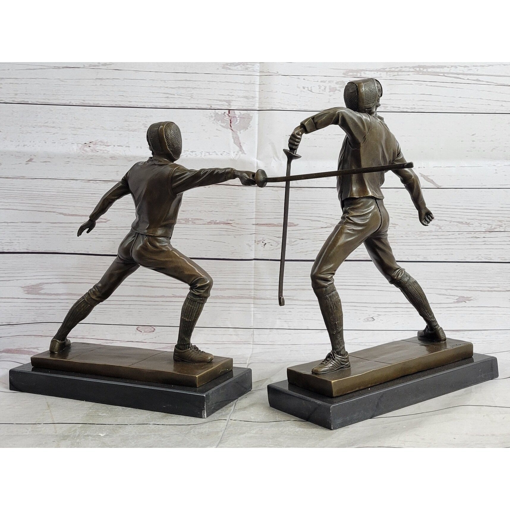 Pair Of Fencers Fencing Bronze Bookend Sculptures Figurines On Marble Base