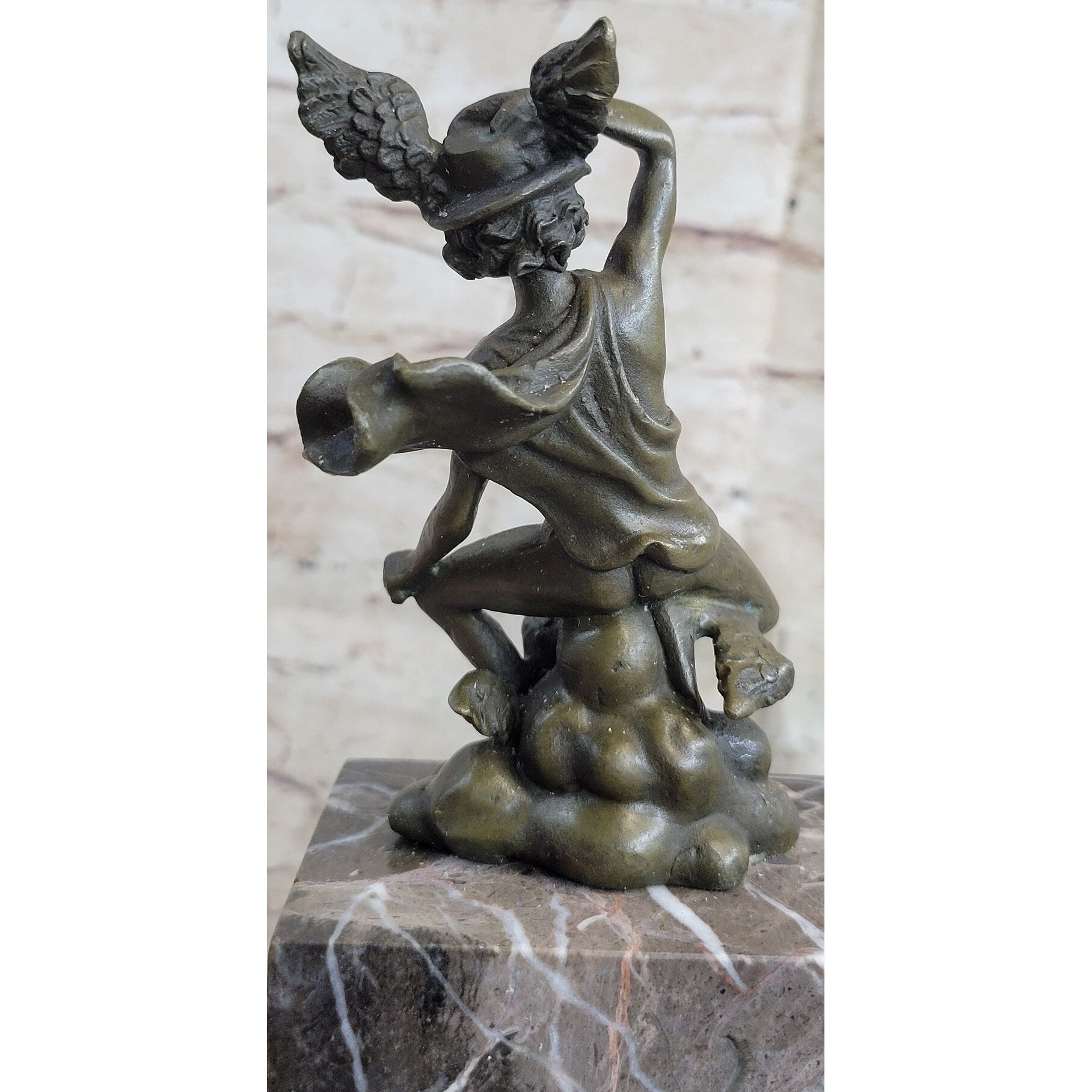 Mercury Hermes W/ Winged Helm Miniature Bronze Sculpture Figure On Marble Base