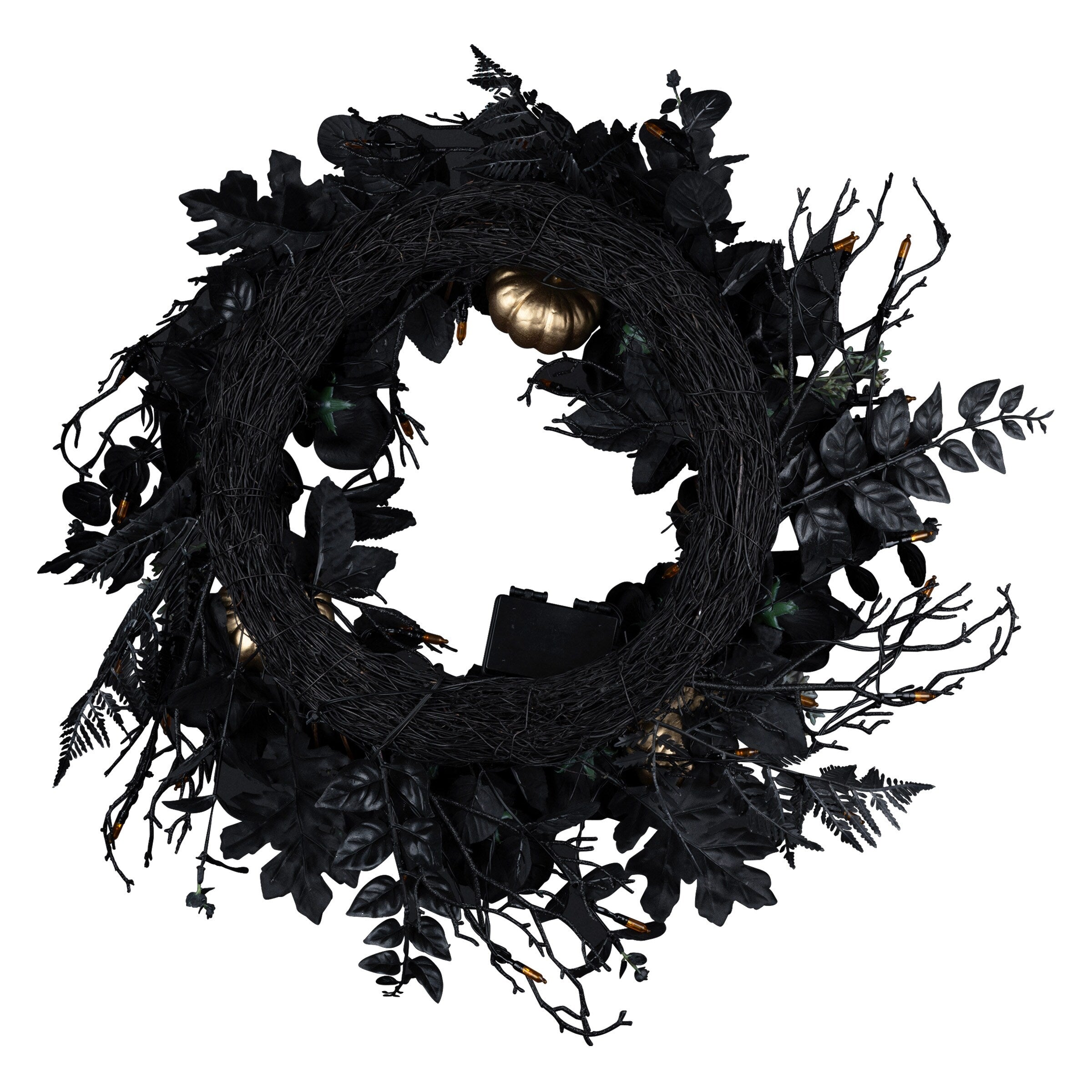 National Tree Company 24 Artificial Chic Eek Black and Gold Halloween Wreath, 40 Orange LED Lights, Battery Operated