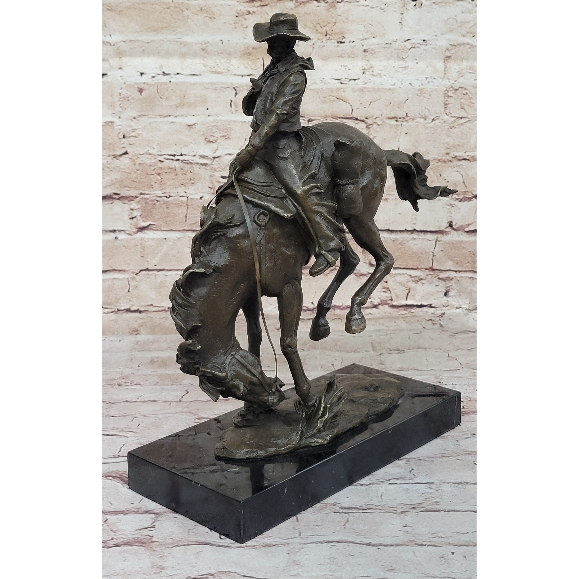 Remington Bronco Buster Cowboy On Bucking Horse - Western Bronze Sculpture On Marble Base