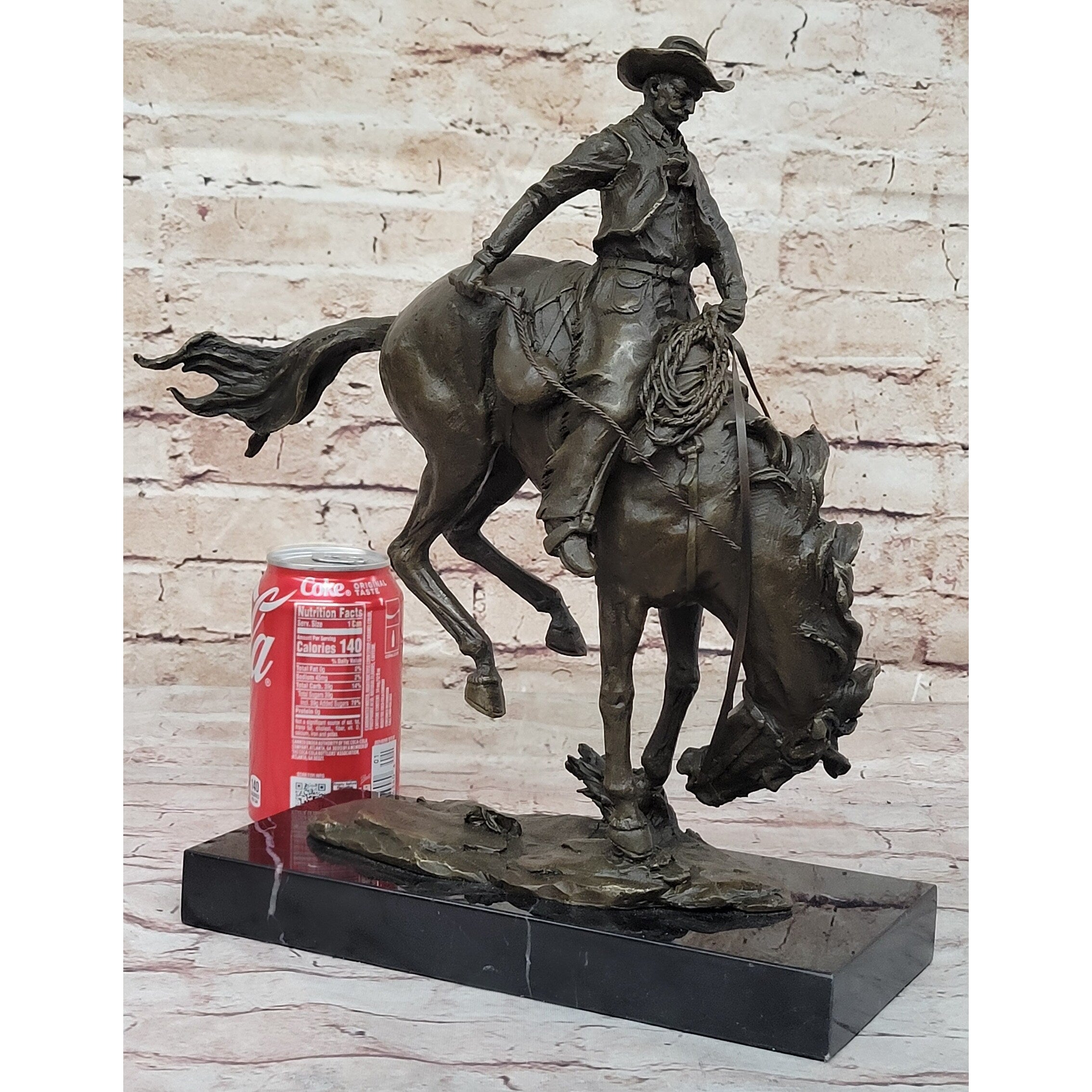 Remington Bronco Buster Cowboy On Bucking Horse - Western Bronze Sculpture On Marble Base