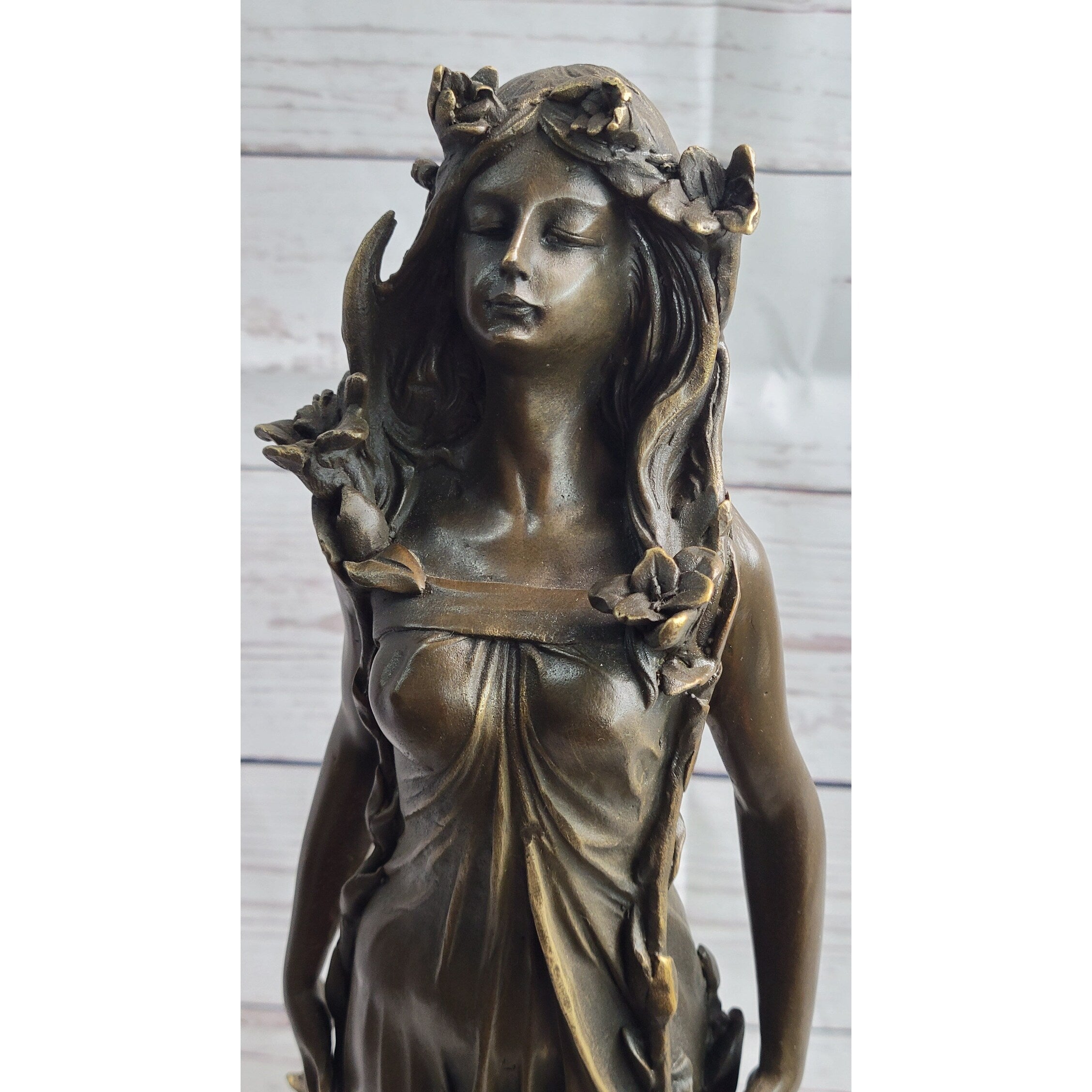 Nymph Girl With Floral Hair Crown Bronze Sculpture Statue Fantasy Art Decor Signed Original Vitaleh