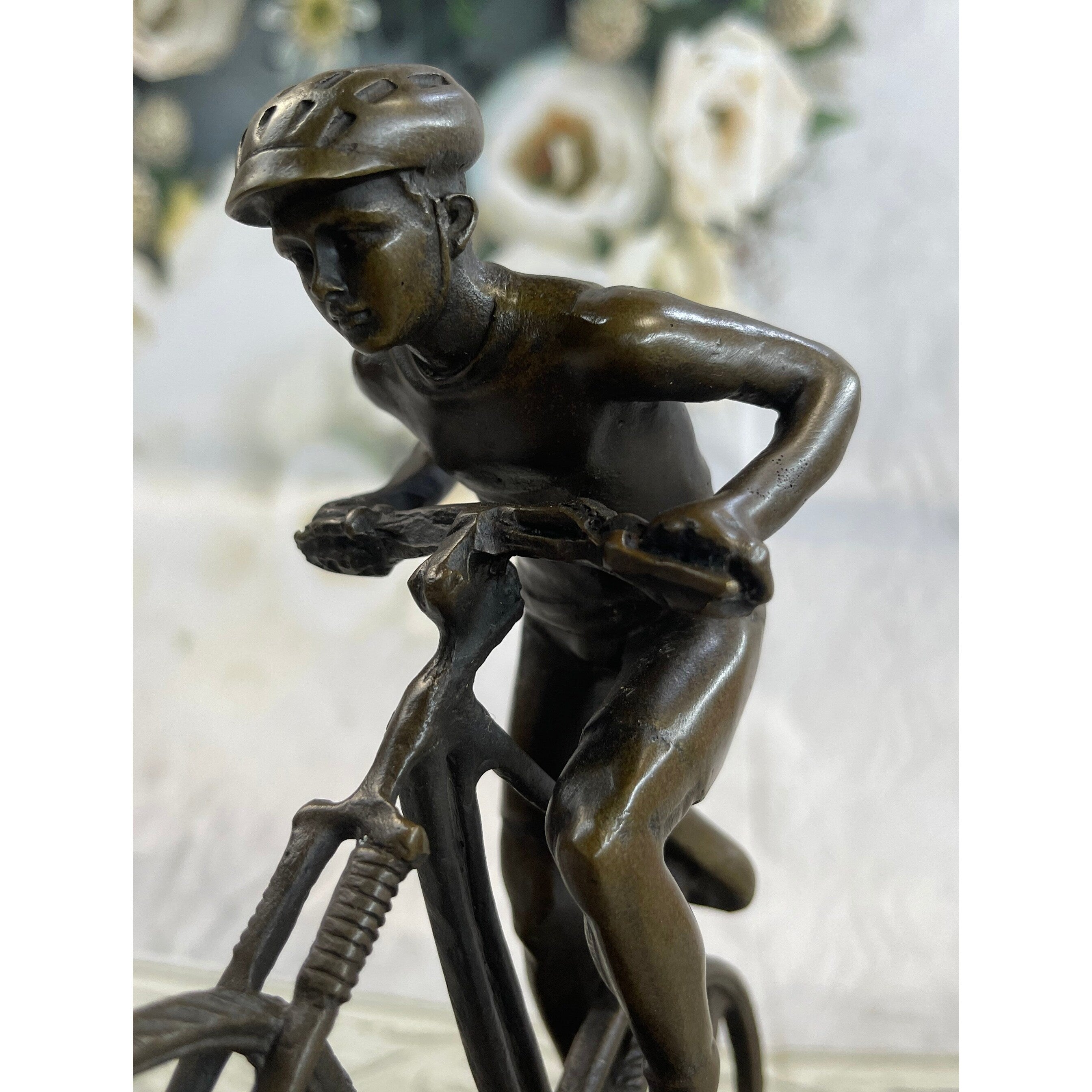 Signed: Nick Bronze Sculpture Biking Sport Statue Man On Bike Bicycle Great Deal!