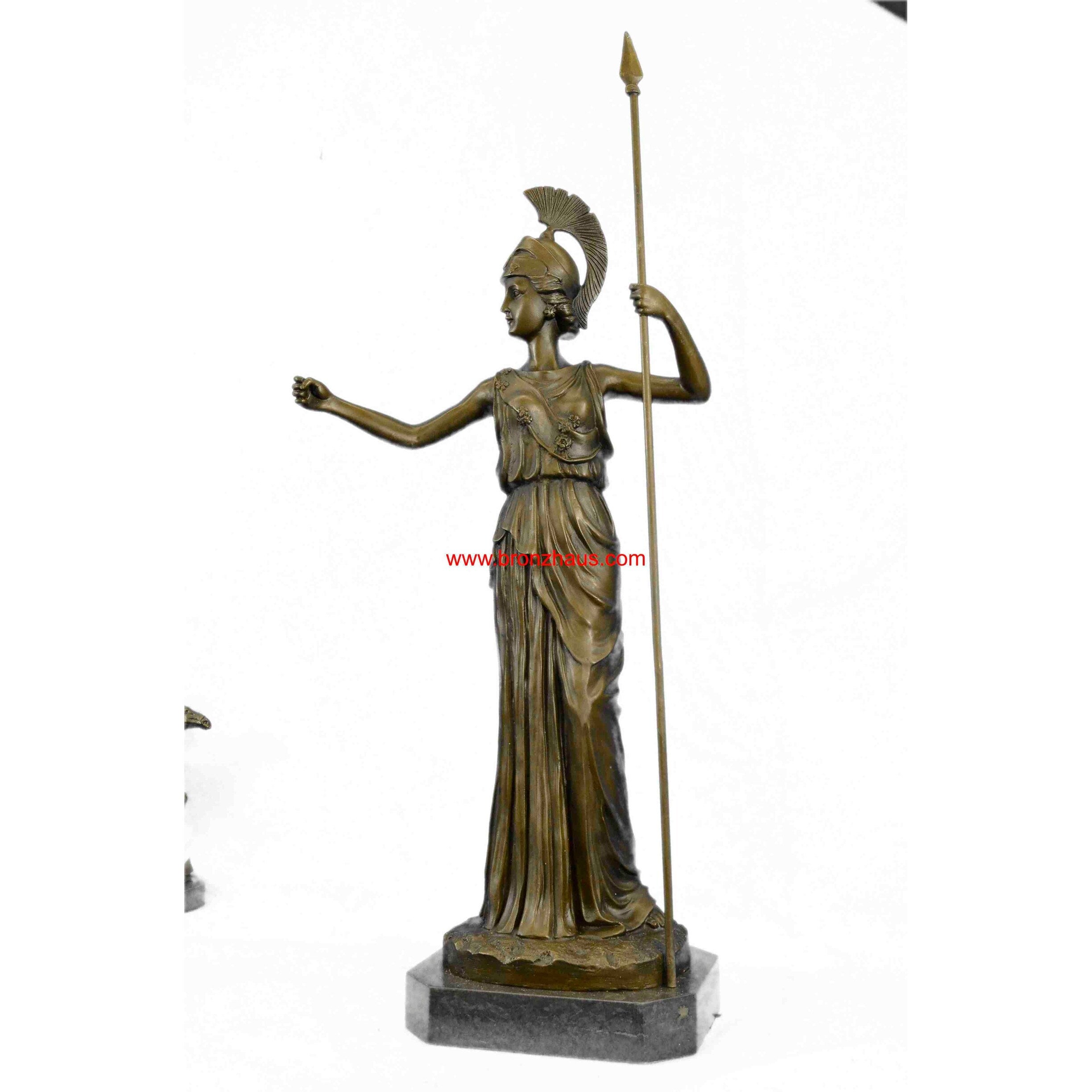 Ancient Greek Bronze Museum Statue Replica Of Athena W/ Spear Shield Figurine