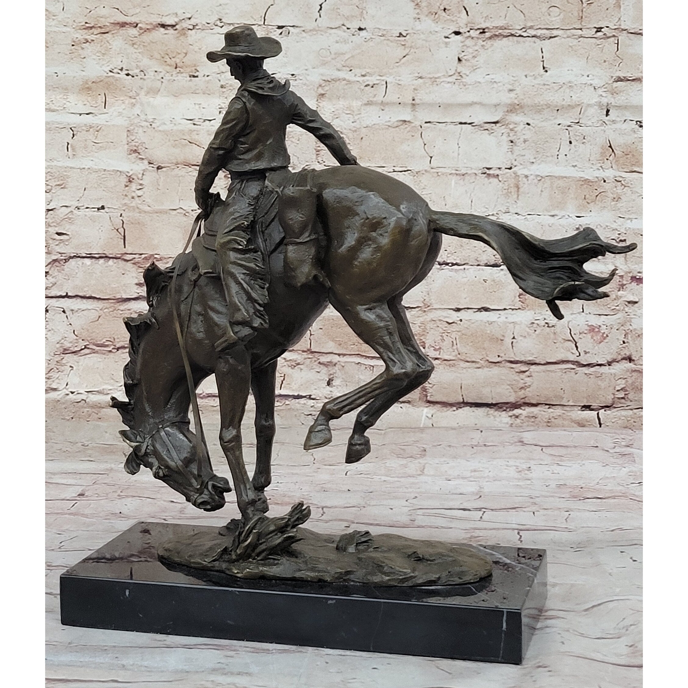 Remington Bronco Buster Cowboy On Bucking Horse - Western Bronze Sculpture On Marble Base