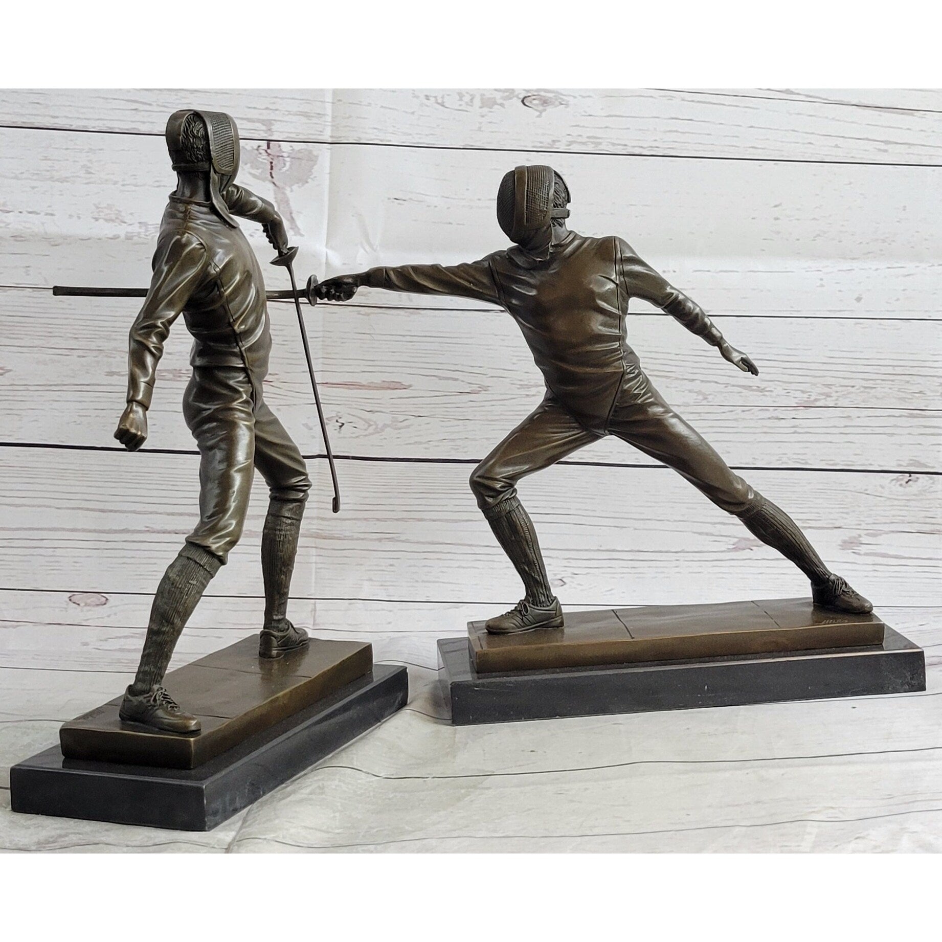 Pair Of Fencers Fencing Bronze Bookend Sculptures Figurines On Marble Base