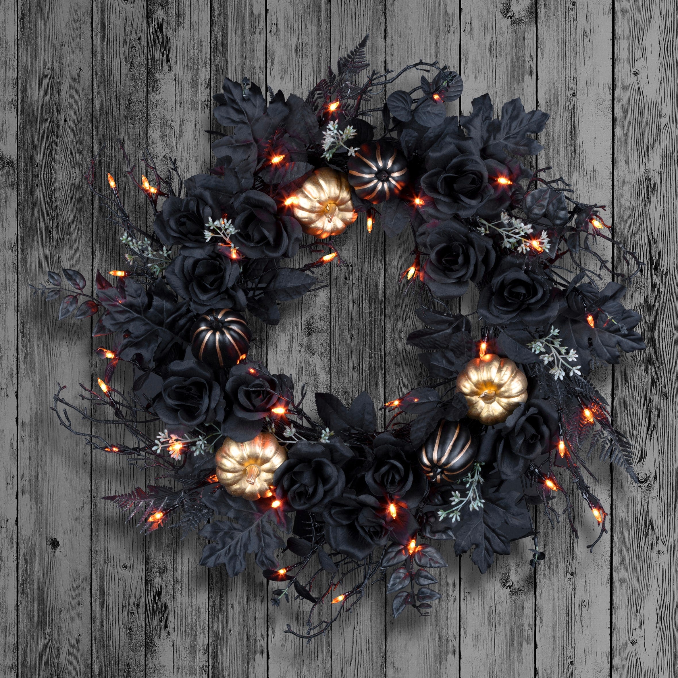 National Tree Company 24 Artificial Chic Eek Black and Gold Halloween Wreath, 40 Orange LED Lights, Battery Operated