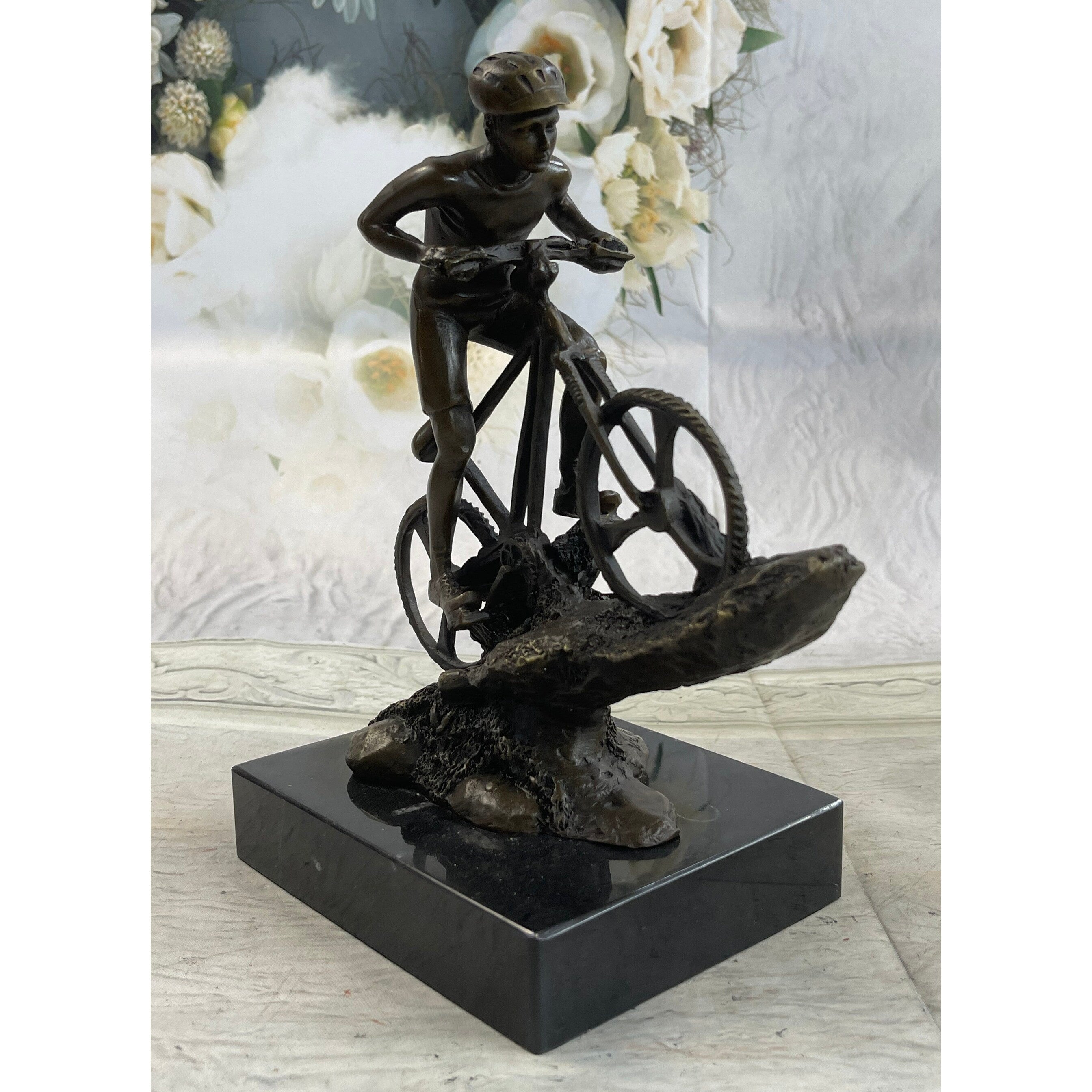 Signed: Nick Bronze Sculpture Biking Sport Statue Man On Bike Bicycle Great Deal!