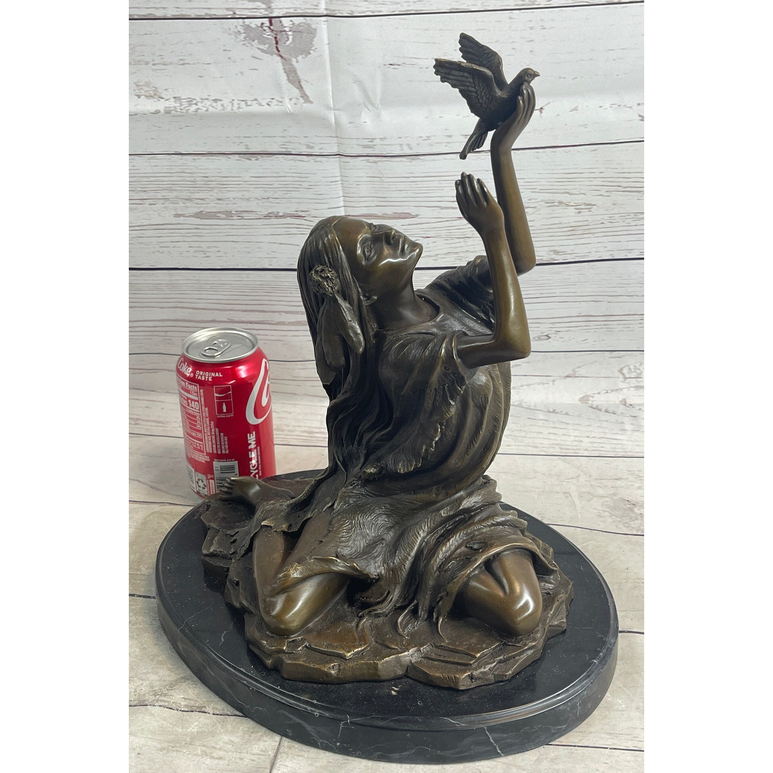 Native American Indian Young Girl W/ Bird - Bronze Metal Statue Sculpture Original Art