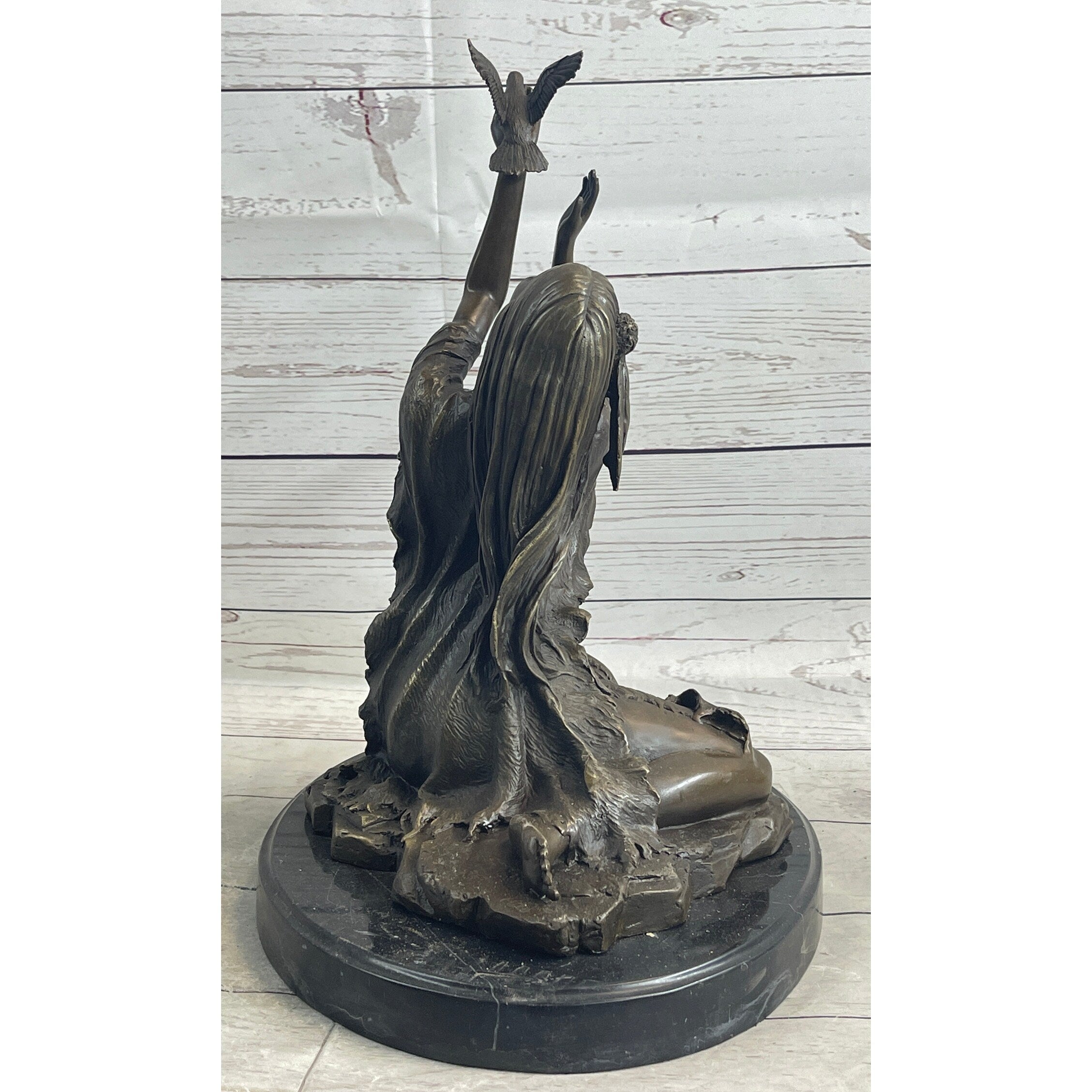 Native American Indian Young Girl W/ Bird - Bronze Metal Statue Sculpture Original Art