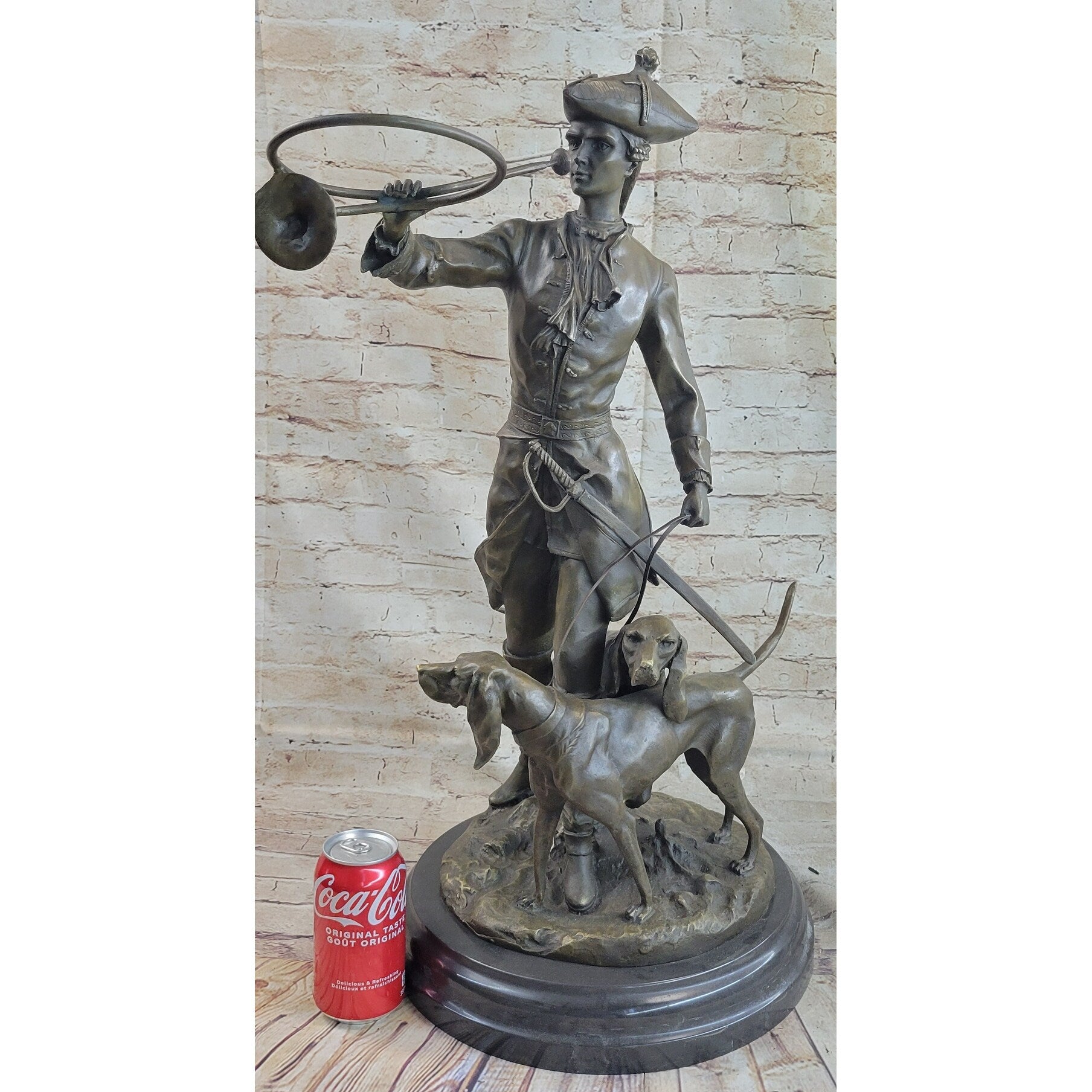 Military Bugler With Hound Dogs Bronze Statue Sculpture On Marble Base 26 Inches X 19 Inches