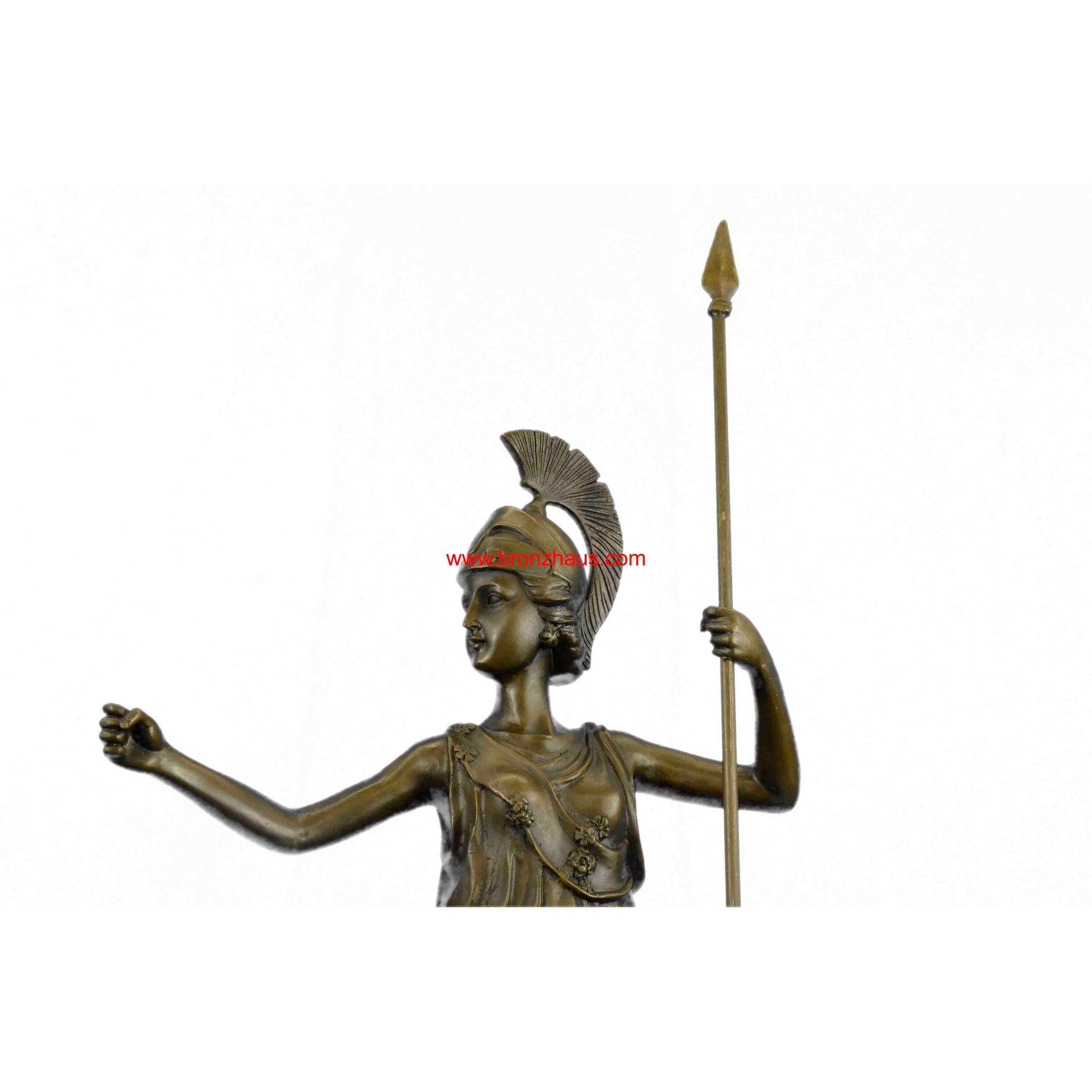 Ancient Greek Bronze Museum Statue Replica Of Athena W/ Spear Shield Figurine